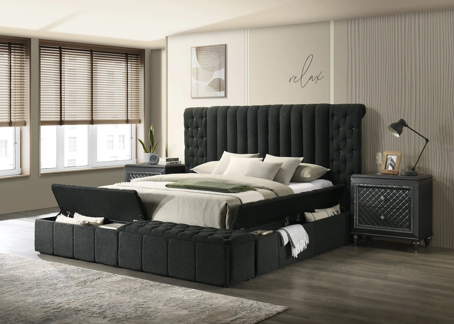 Danbury Charcoal Boucle King Upholstered Storage Panel Bed Crown Mark