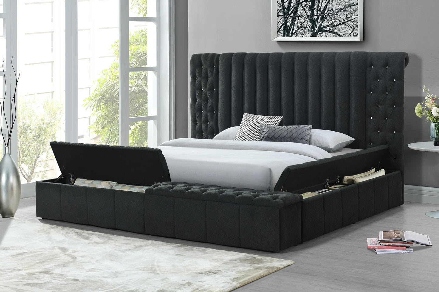 Danbury Charcoal Boucle King Upholstered Storage Panel Bed Crown Mark