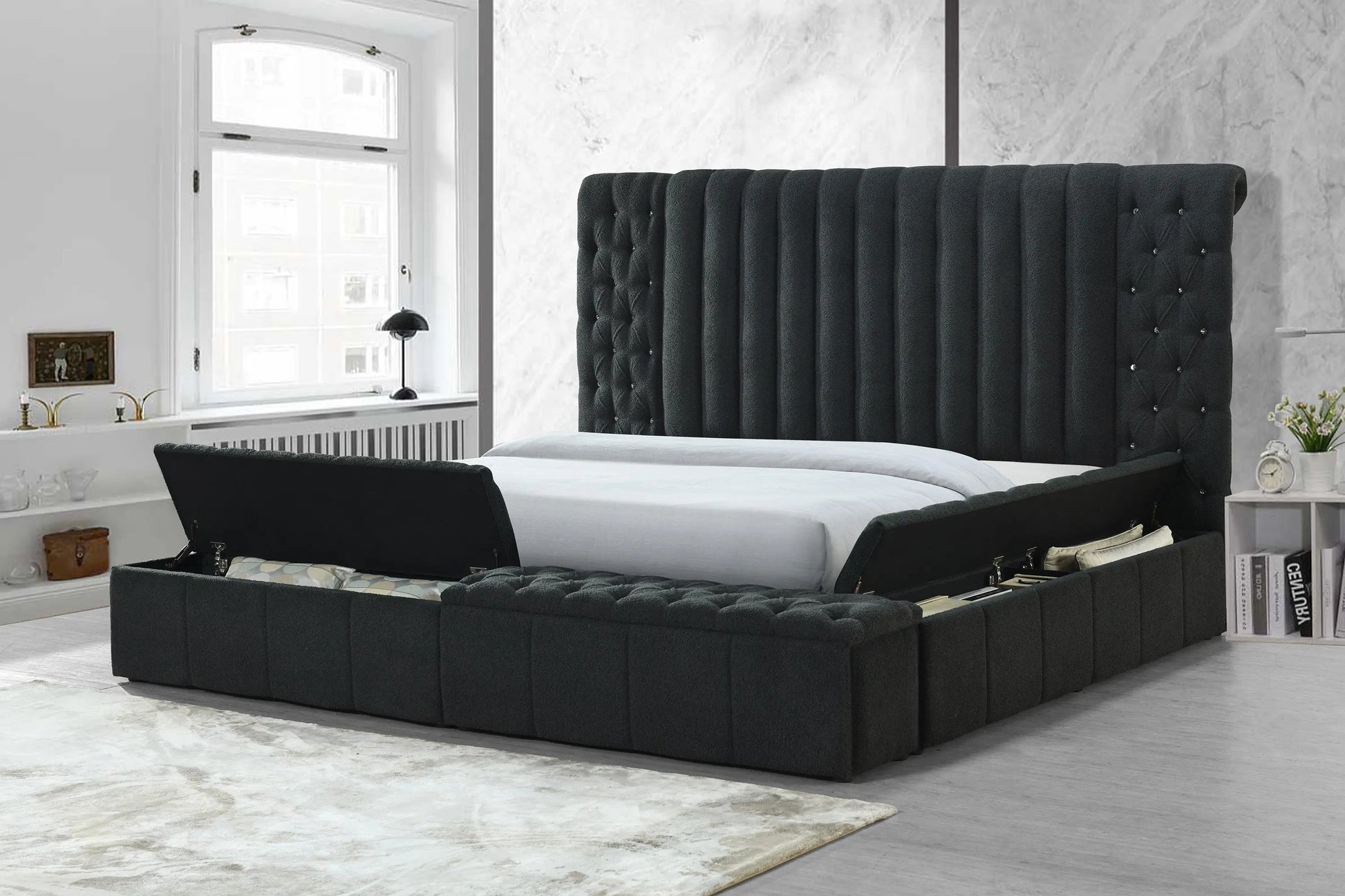 Danbury Charcoal Boucle King Upholstered Storage Panel Bed Crown Mark