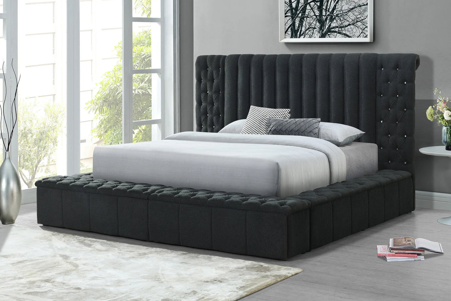 Danbury Charcoal Boucle King Upholstered Storage Panel Bed Crown Mark