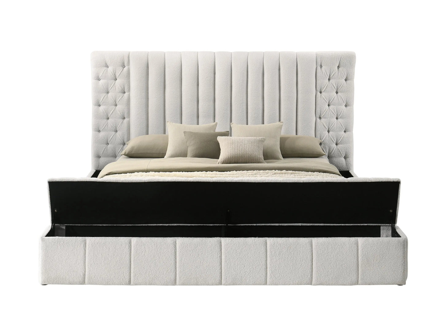 Danbury White Boucle King Upholstered Storage Panel Bed Crown Mark