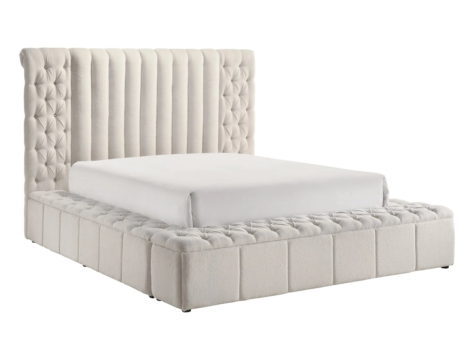 Danbury White Boucle King Upholstered Storage Panel Bed Crown Mark