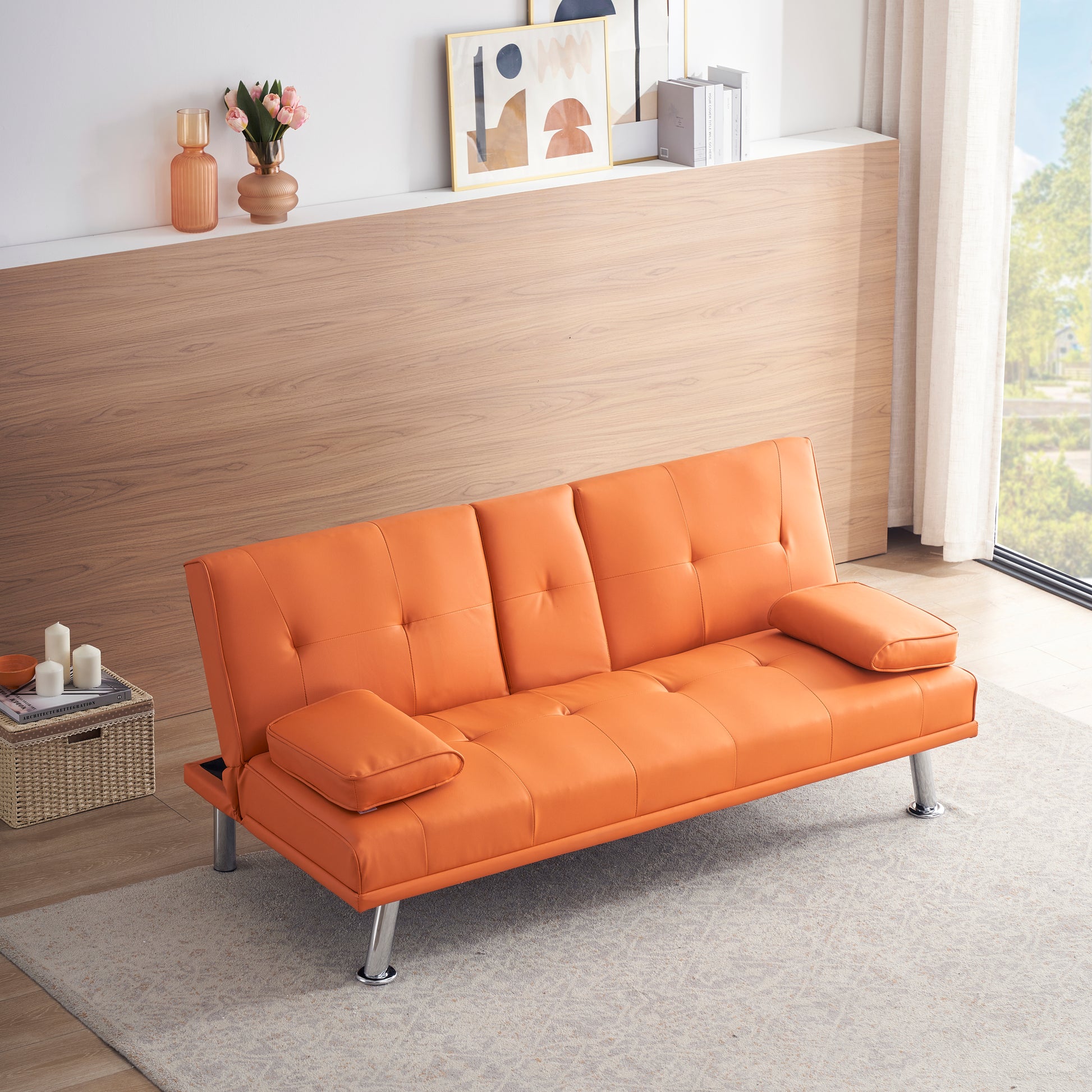 67" Orange Leather Multifunctional Double Folding Sofa Bed for Office with Coffee Table House to Home Furnishings LLC