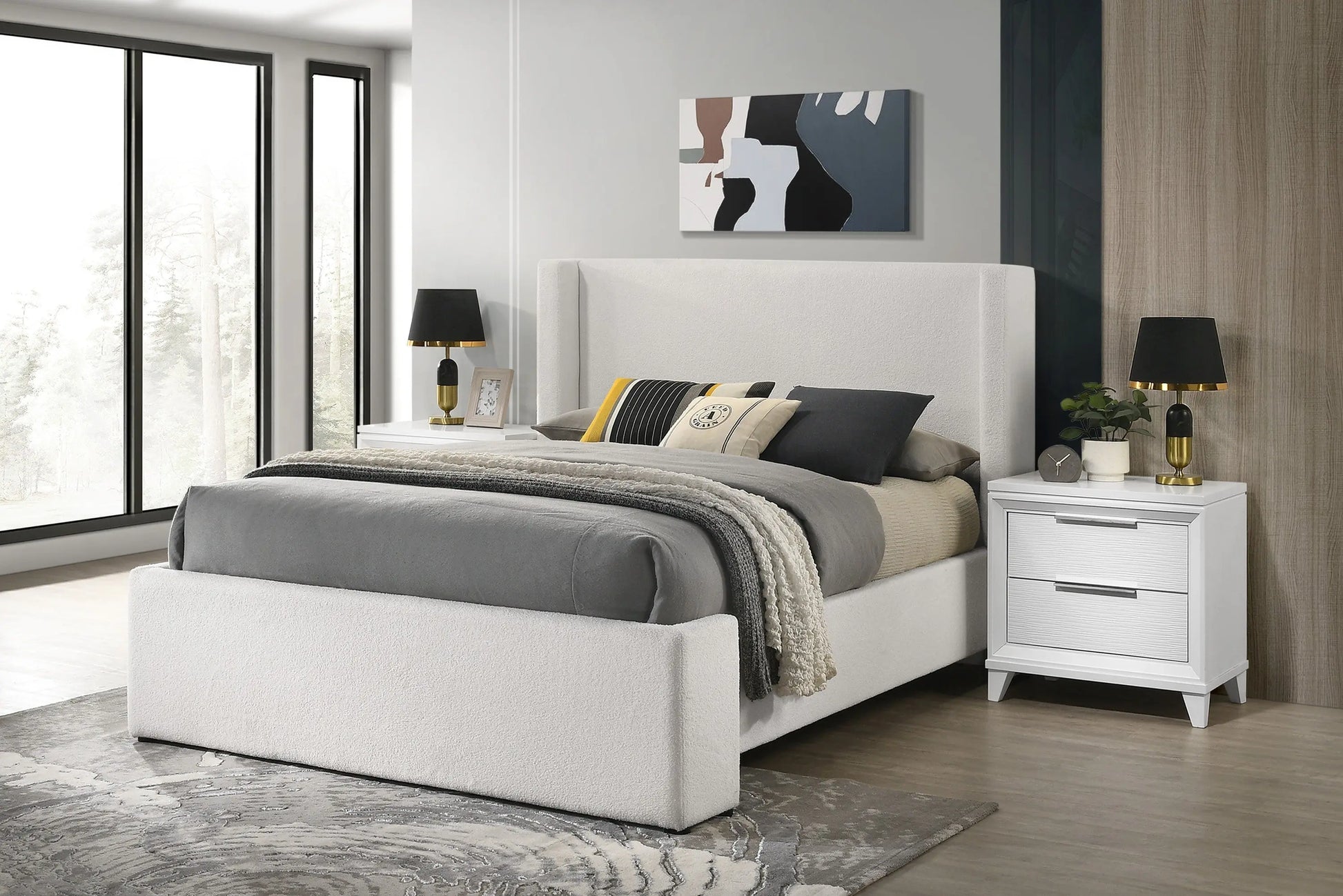 Portia White Boucle King Upholstered Platform Bed Crown Mark