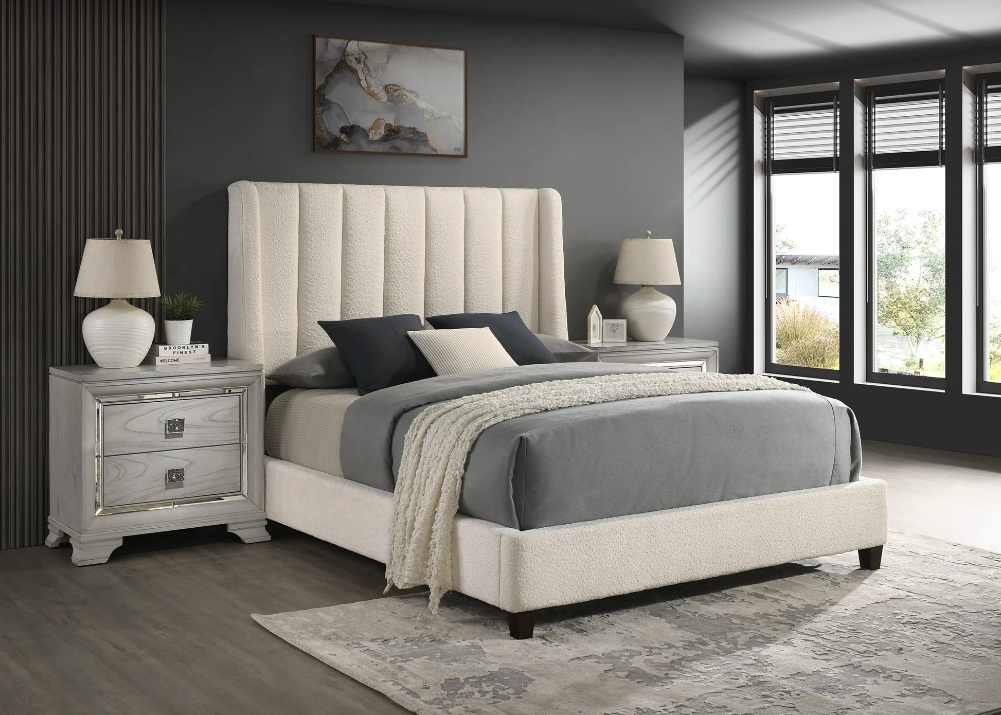 Agnes White Boucle King Upholstered Bed Crown Mark