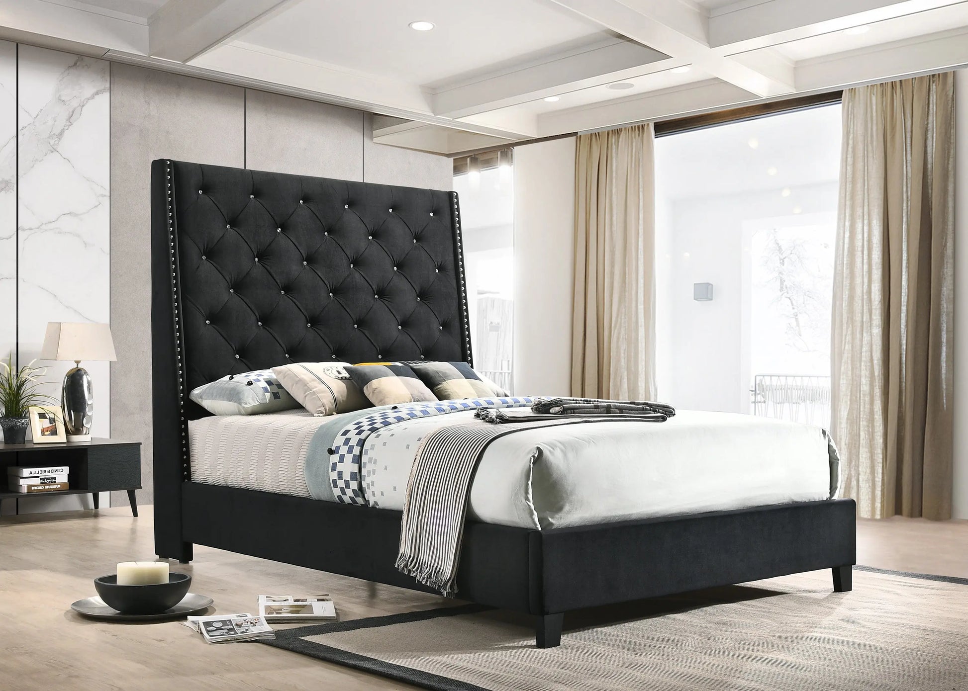 Chantilly Black Velvet King Upholstered Bed Crown Mark