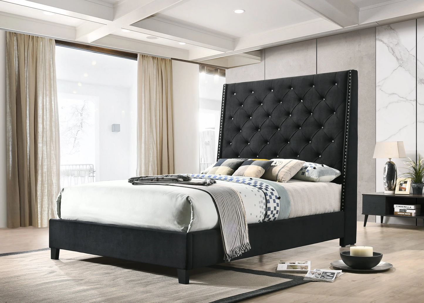 Chantilly Black Velvet King Upholstered Bed Crown Mark