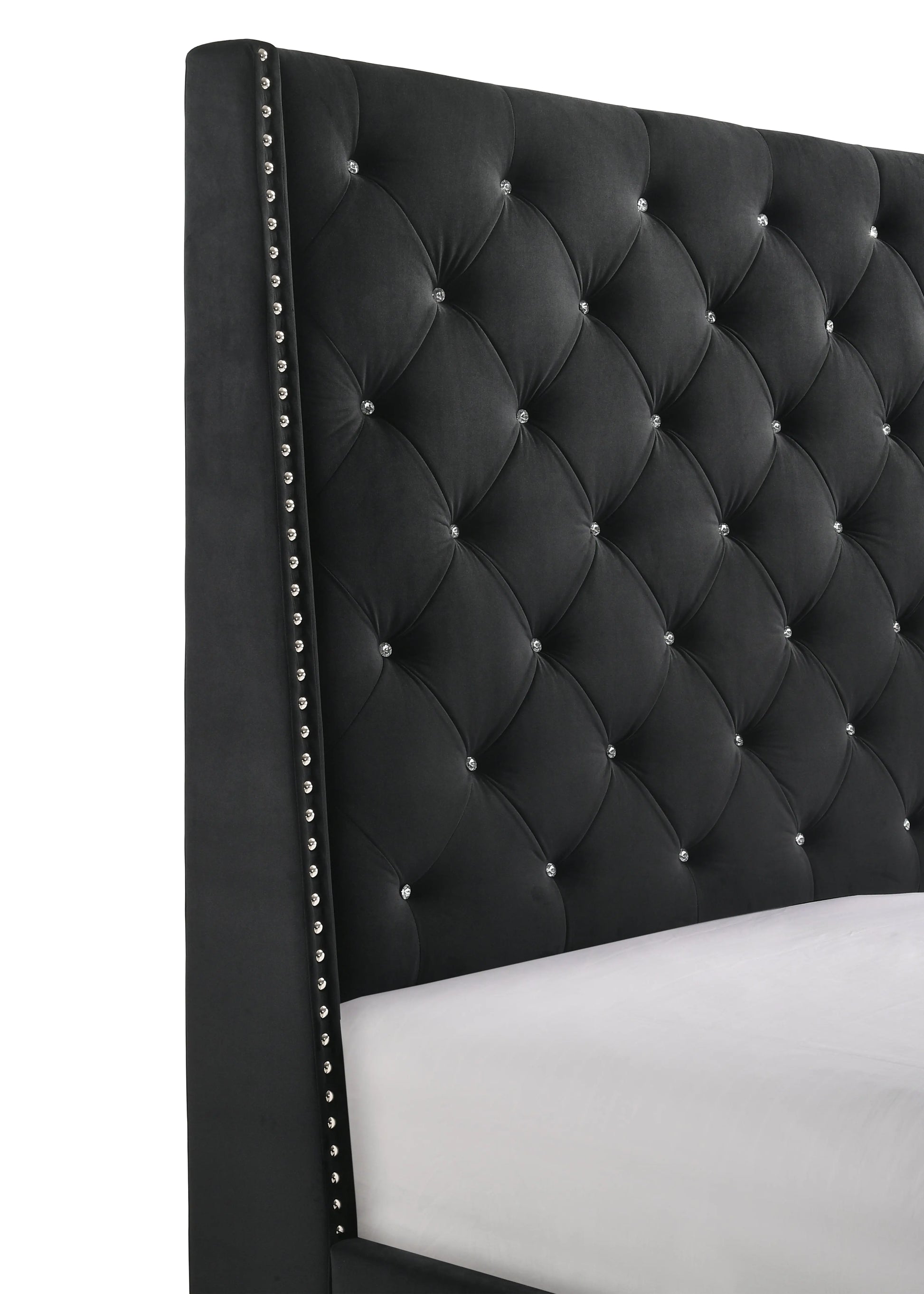 Chantilly Black Velvet King Upholstered Bed Crown Mark