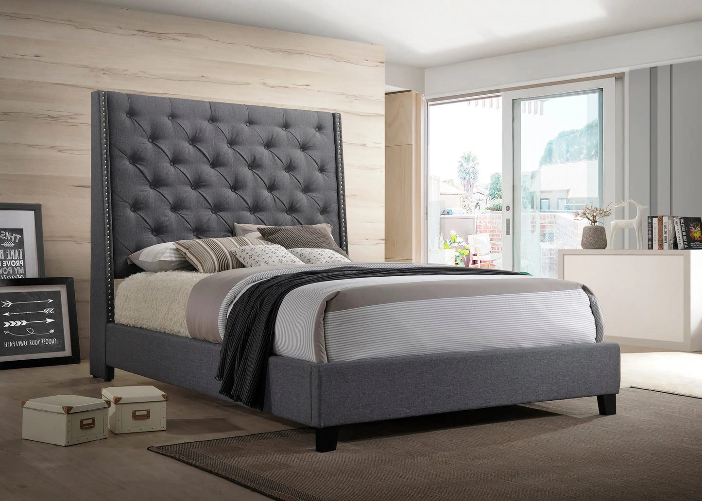 Chantilly Gray King Upholstered Bed Crown Mark