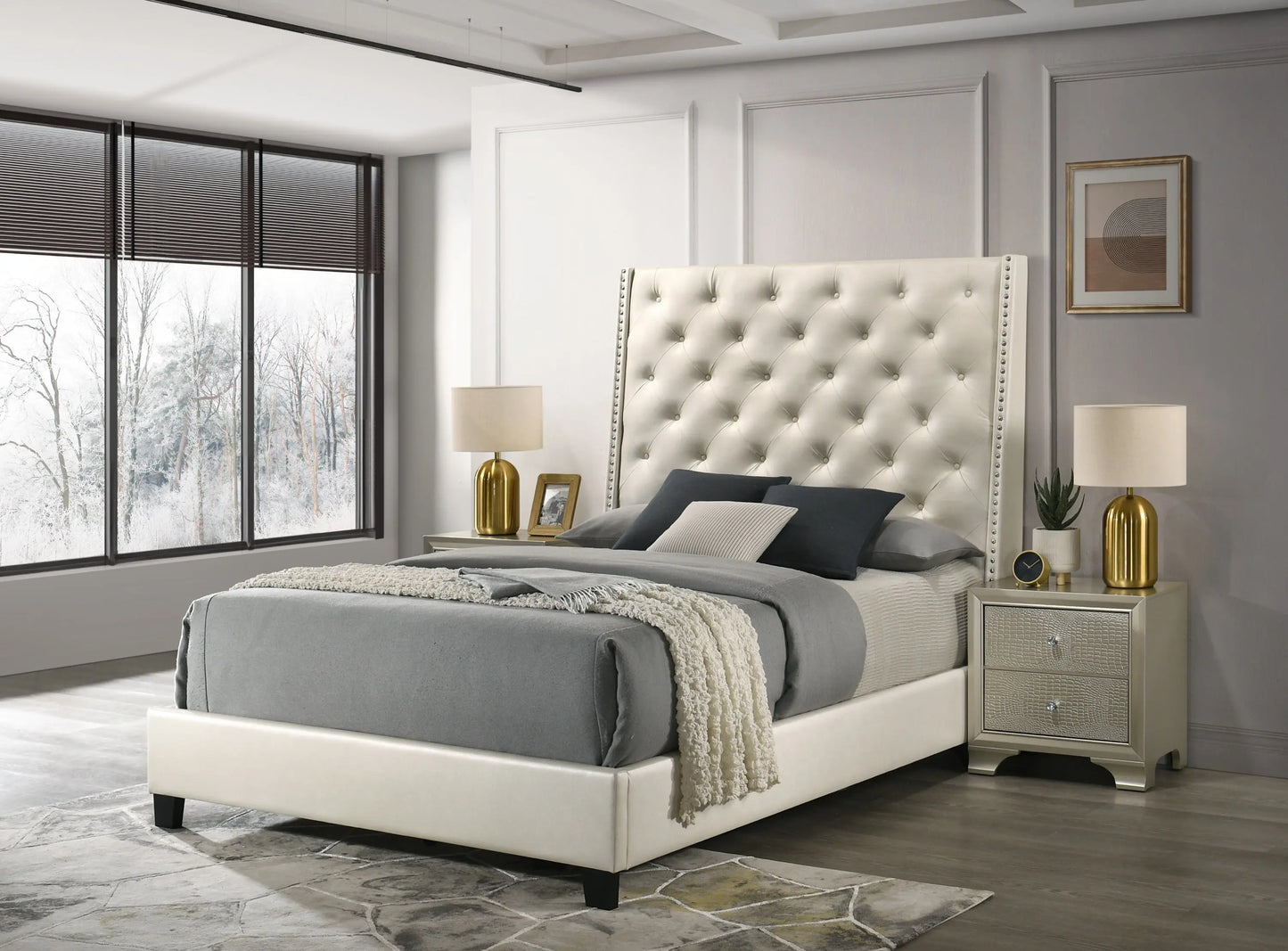 Chantilly Pearl PU Leather King Upholstered Bed Crown Mark