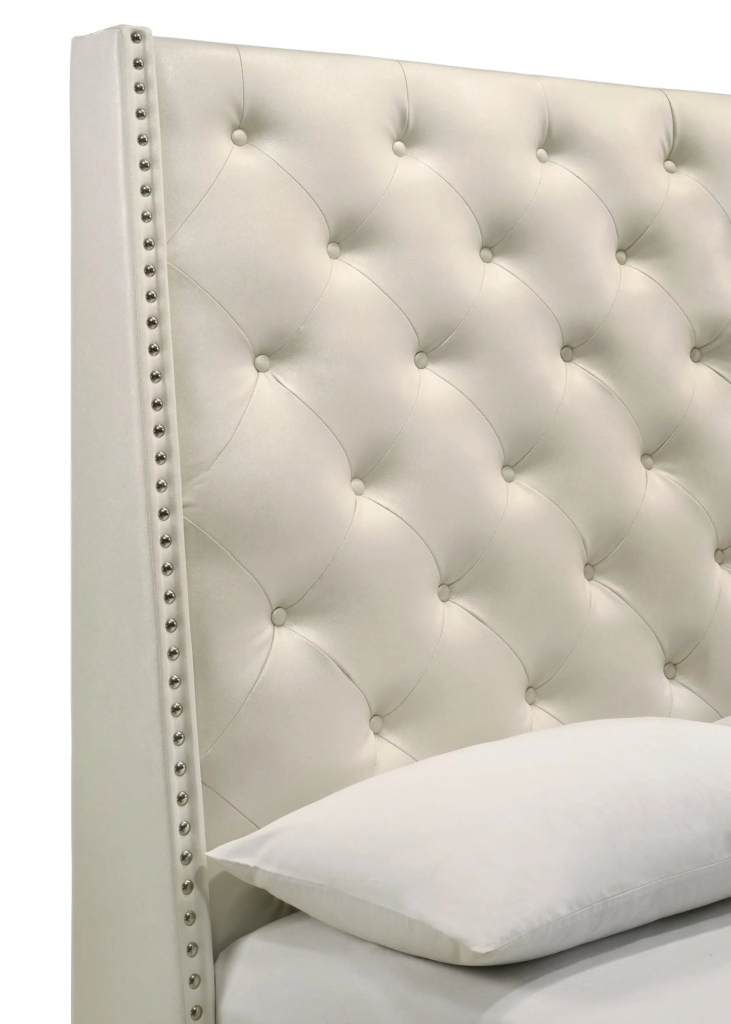 Chantilly Pearl PU Leather King Upholstered Bed Crown Mark