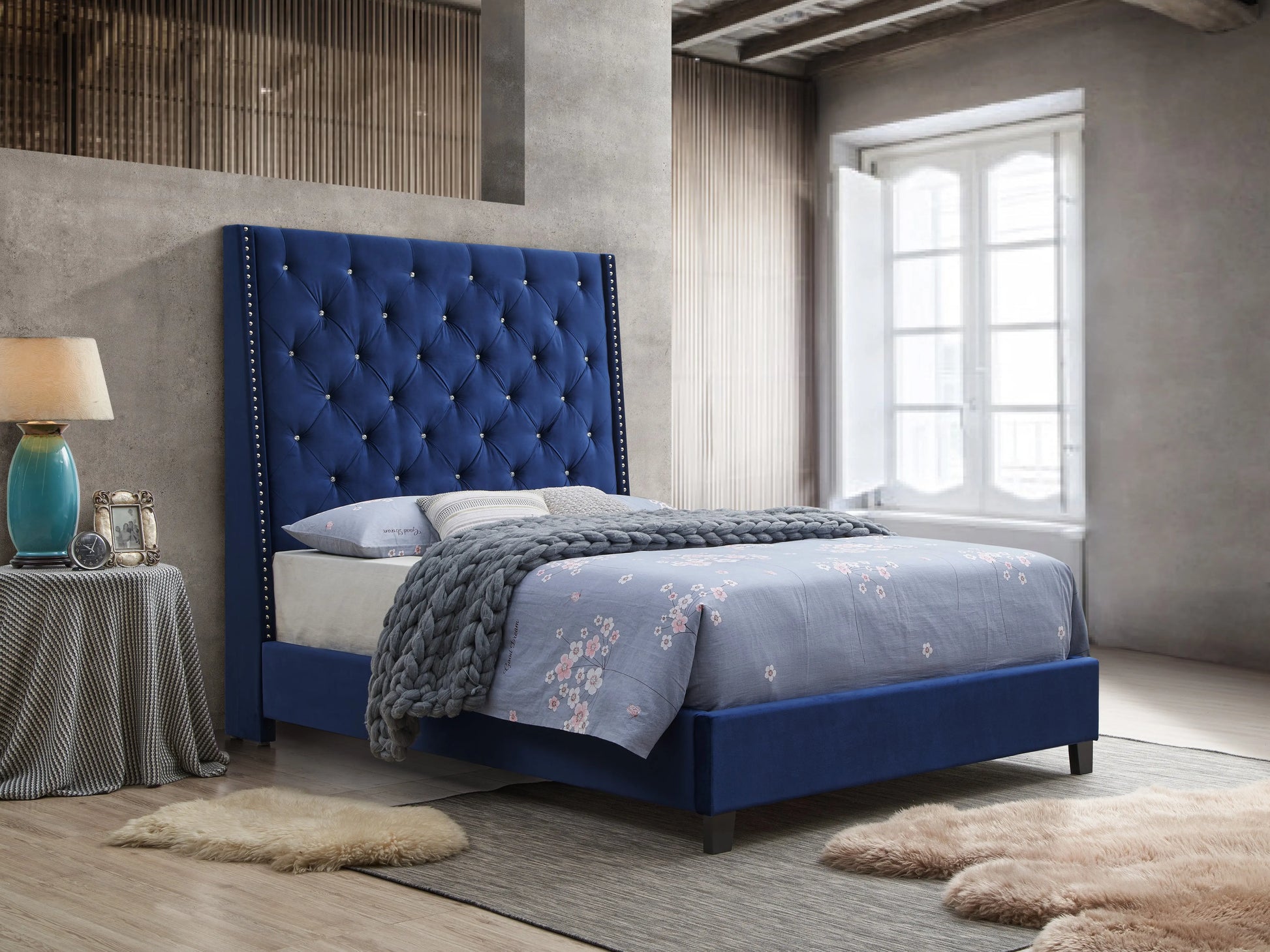 Chantilly Royal Blue Velvet King Upholstered Bed Crown Mark