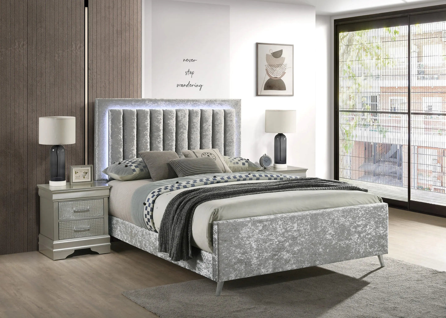 Glisten Silver King LED Upholstered Panel Bed Crown Mark