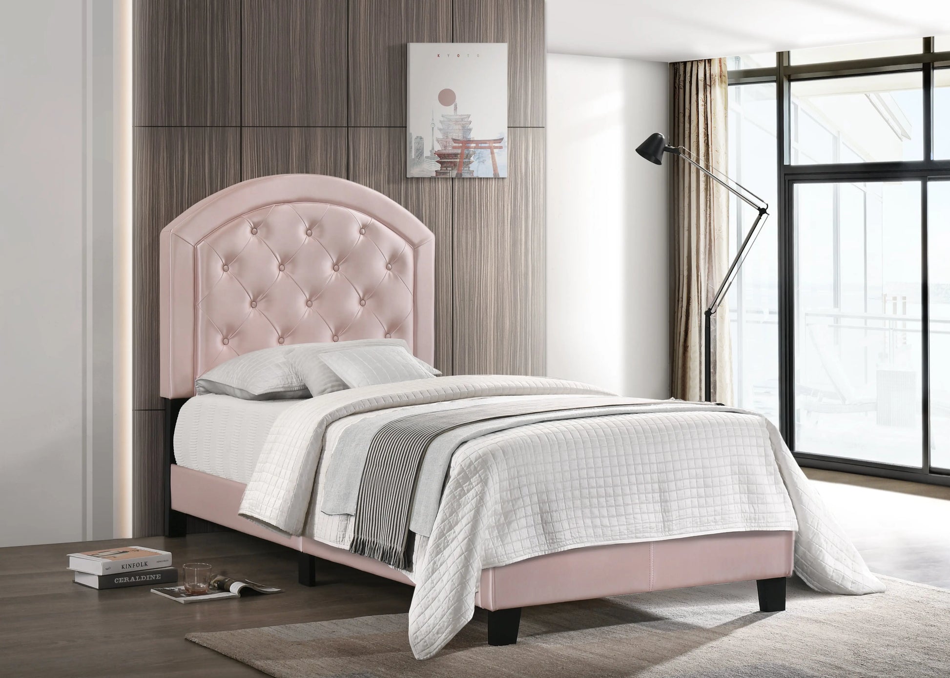 Gaby Pink Twin Upholstered Platform Bed Crown Mark