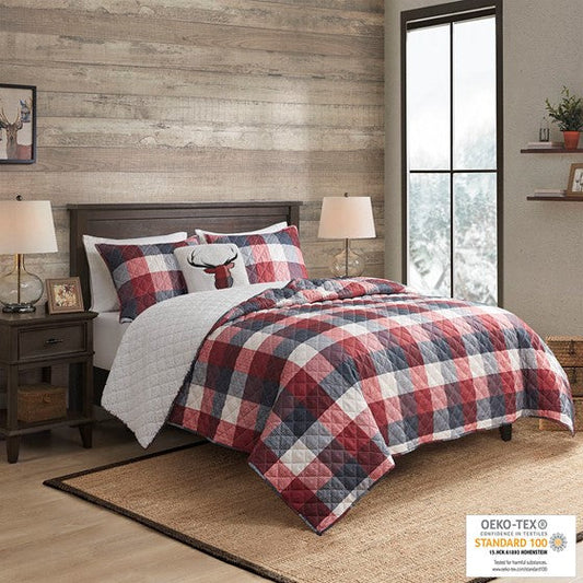 4 Piece Printed Herringbone to Sherpa Reversible Coverlet Set Red Cal King Olliix.com