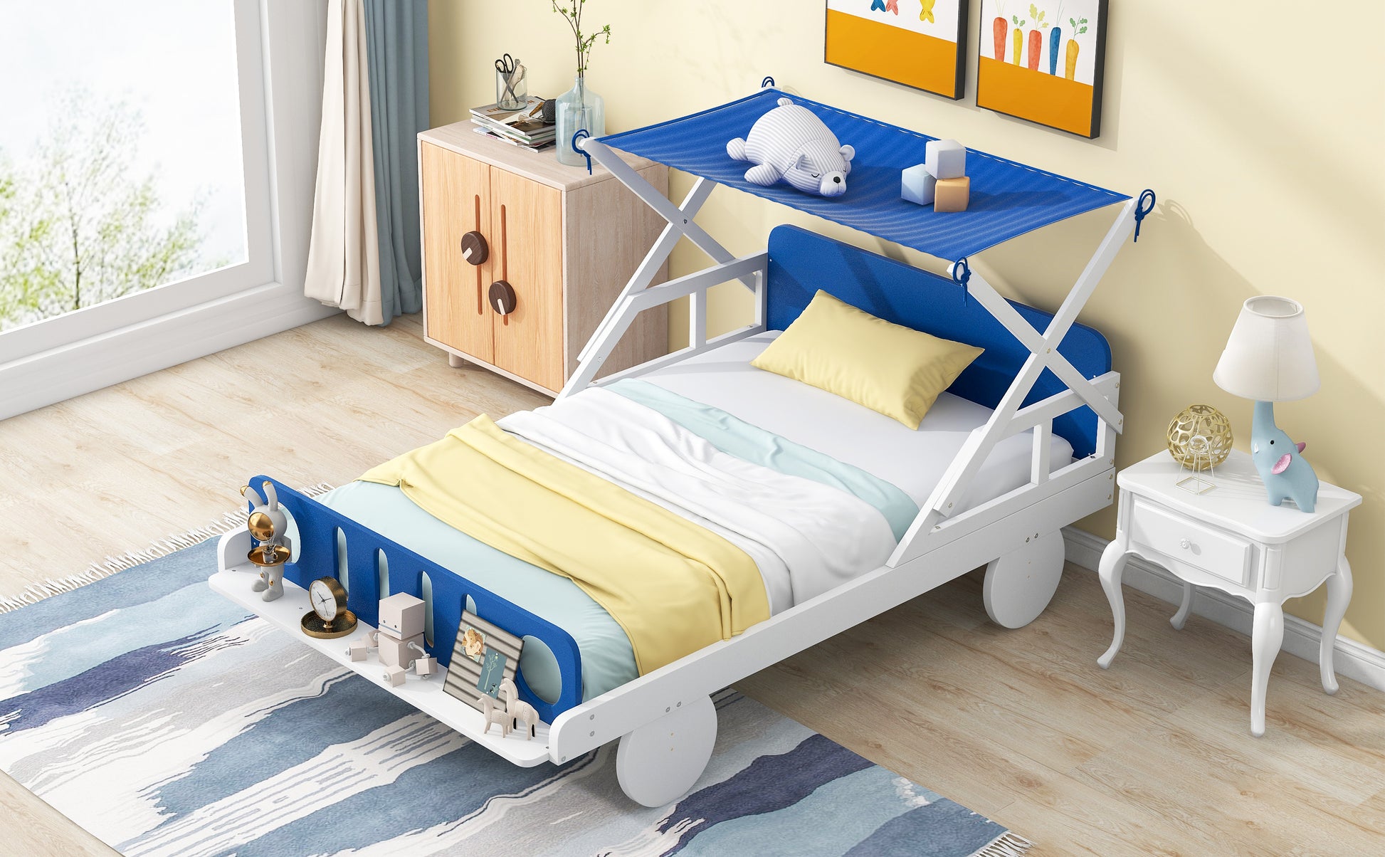 Wood Twin Size Car Bed with Ceiling Cloth, Headboard and Footboard, White+Blue House to Home Furnishings LLC