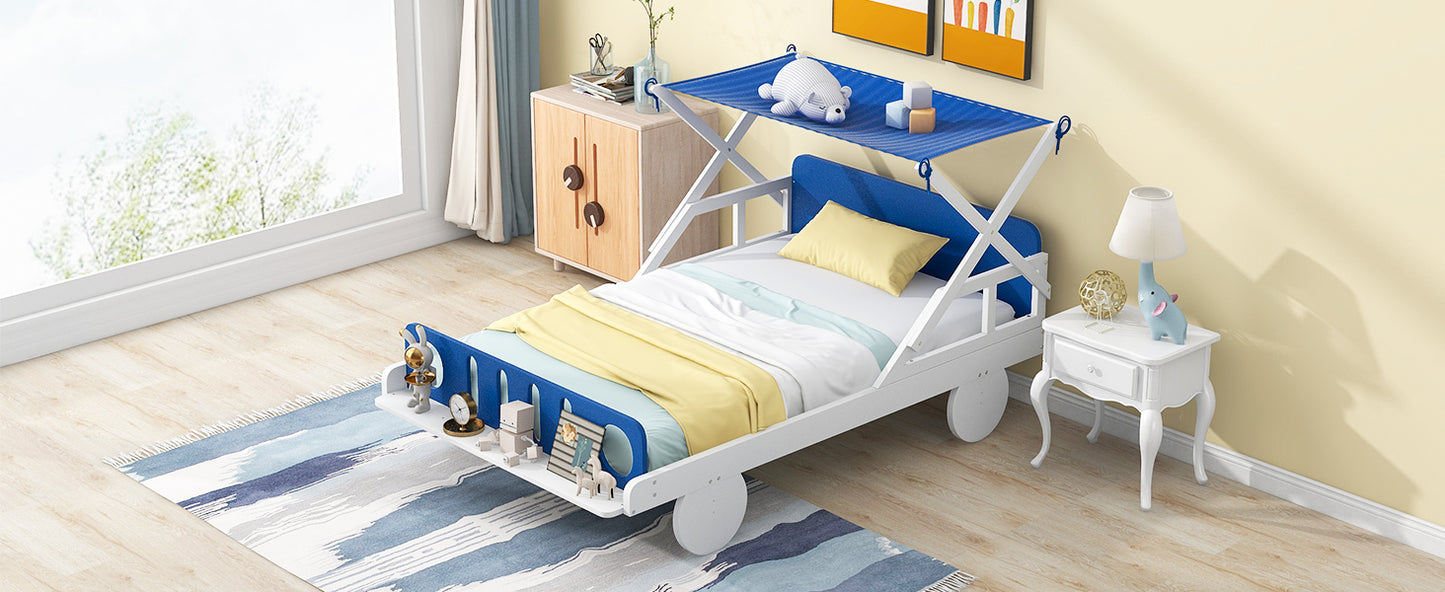 Wood Twin Size Car Bed with Ceiling Cloth, Headboard and Footboard, White+Blue House to Home Furnishings LLC