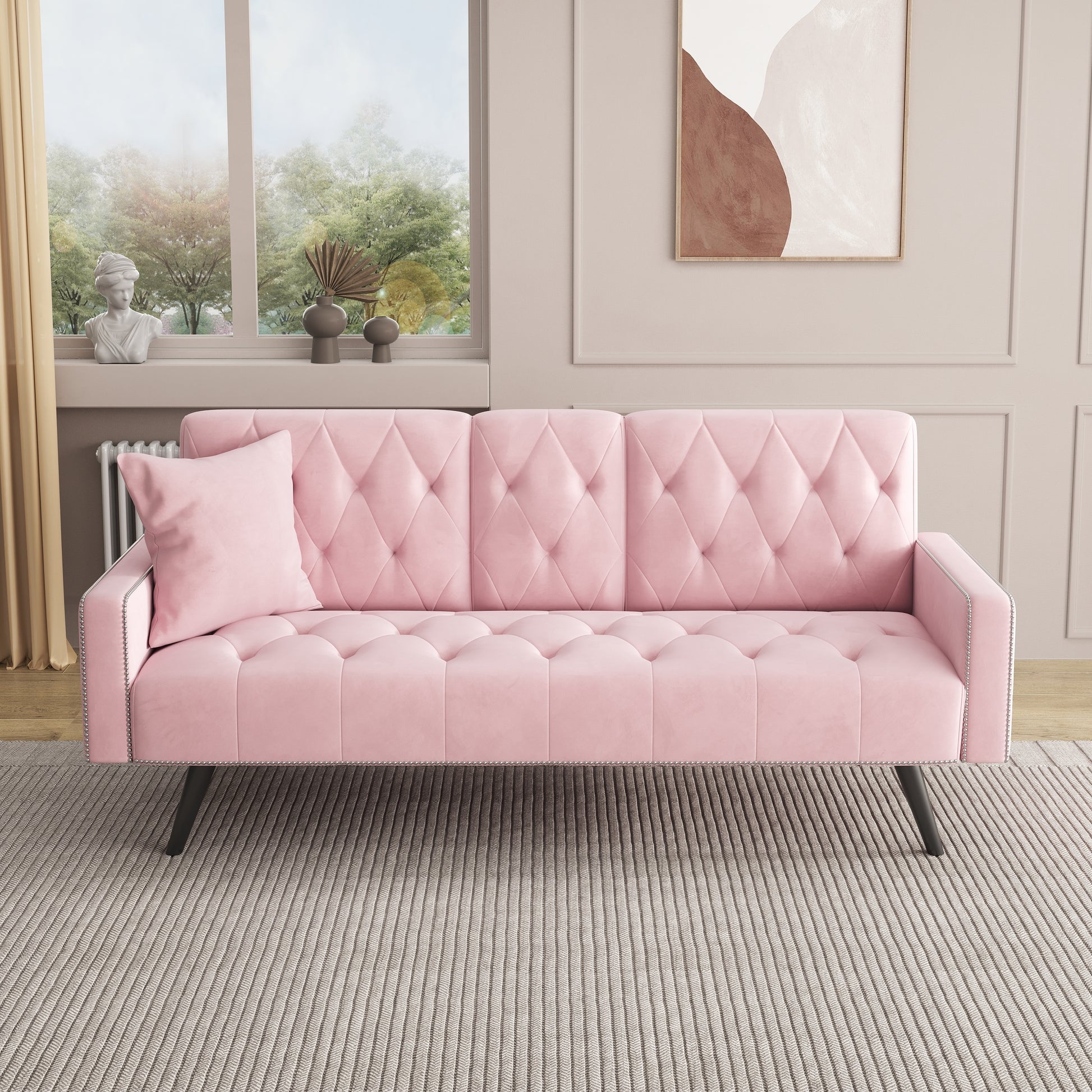 1730 Sofa Bed Armrest with Nail Head Trim with Two Cup Holders 72" Premium Pink Velvet  Sofa for Small Spaces House to Home Furnishings LLC