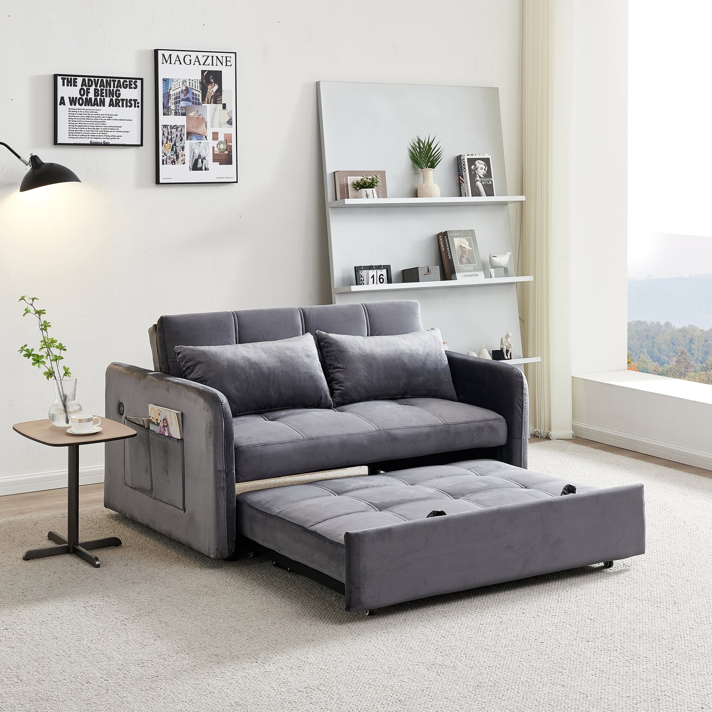 55.5" Twins Pull Out Sofa Bed  Grey Velvet House to Home Furnishings LLC