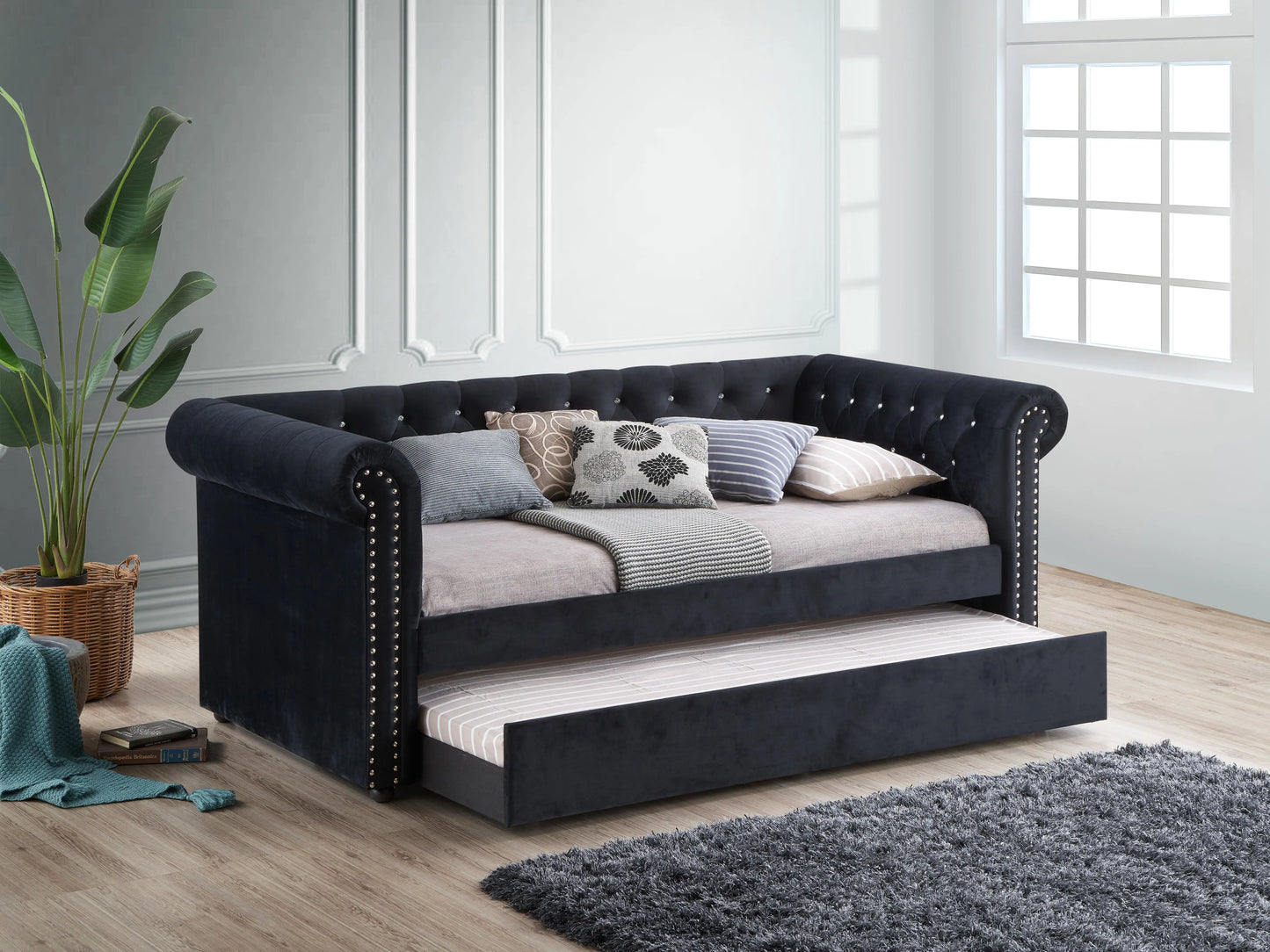 Ellie Black Velvet Twin Daybed with Trundle Crown Mark