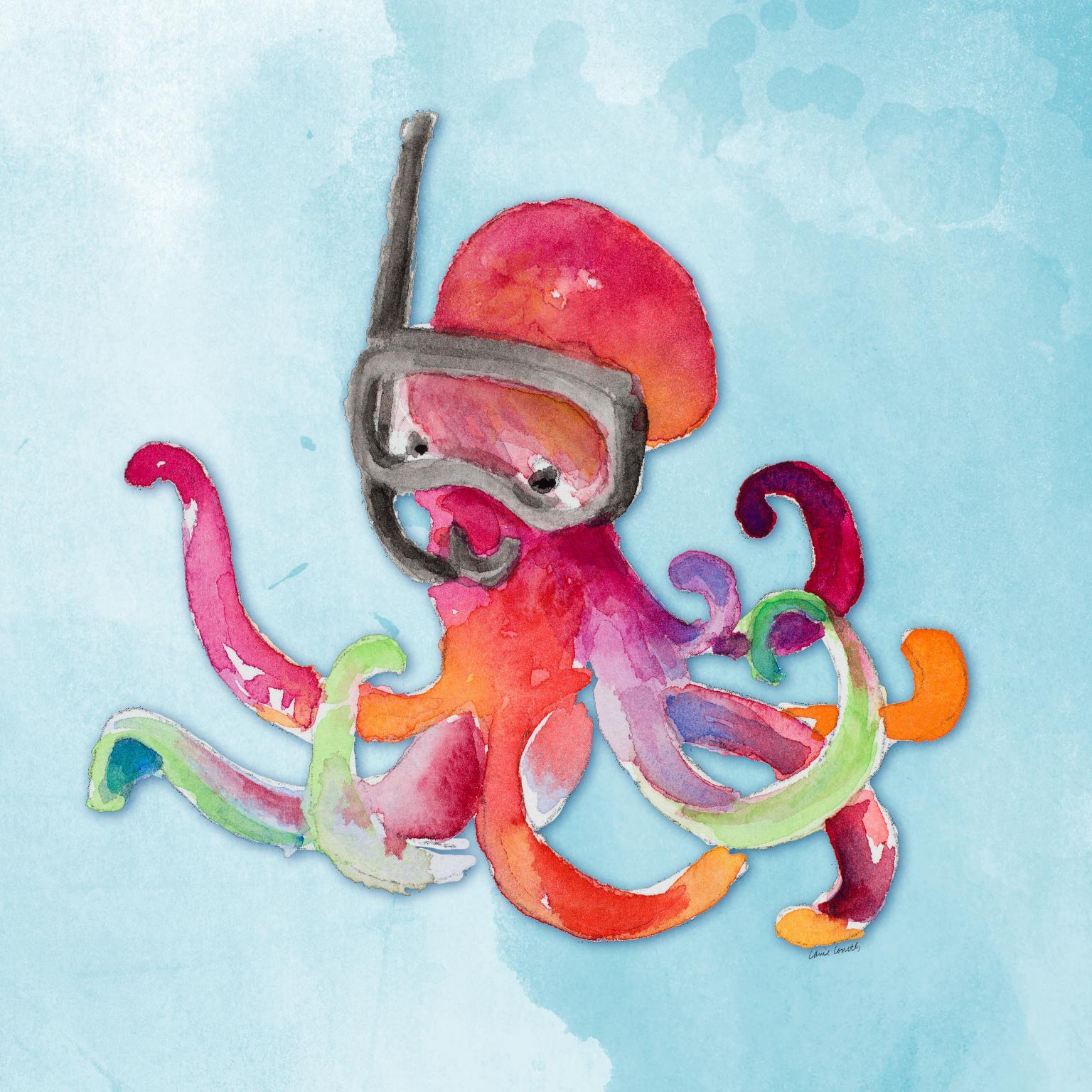 Snorkeling Octopus On Watercolor By Lanie Loreth - Light Blue Classy Art