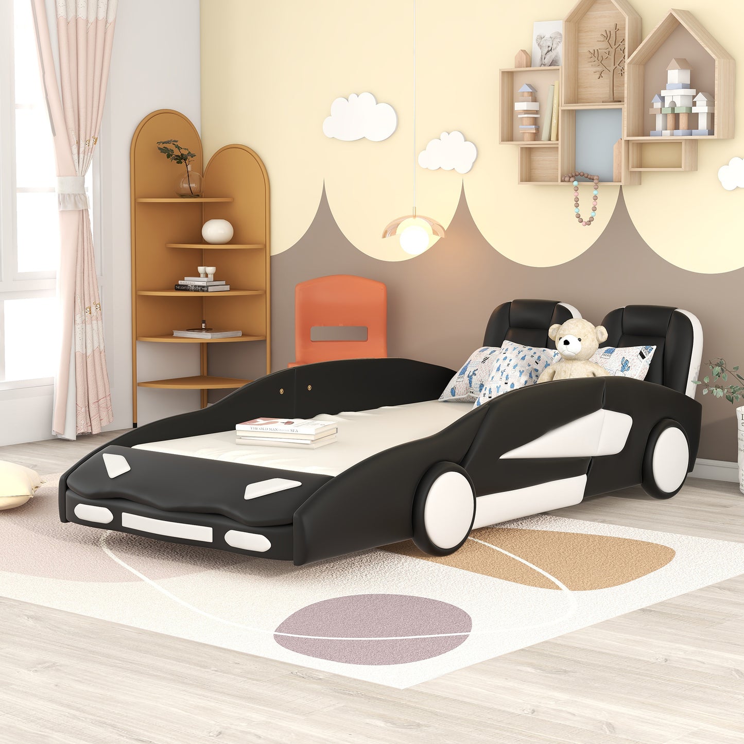 Twin Size Race Car-Shaped Platform Bed with Wheels, Black House to Home Furnishings LLC