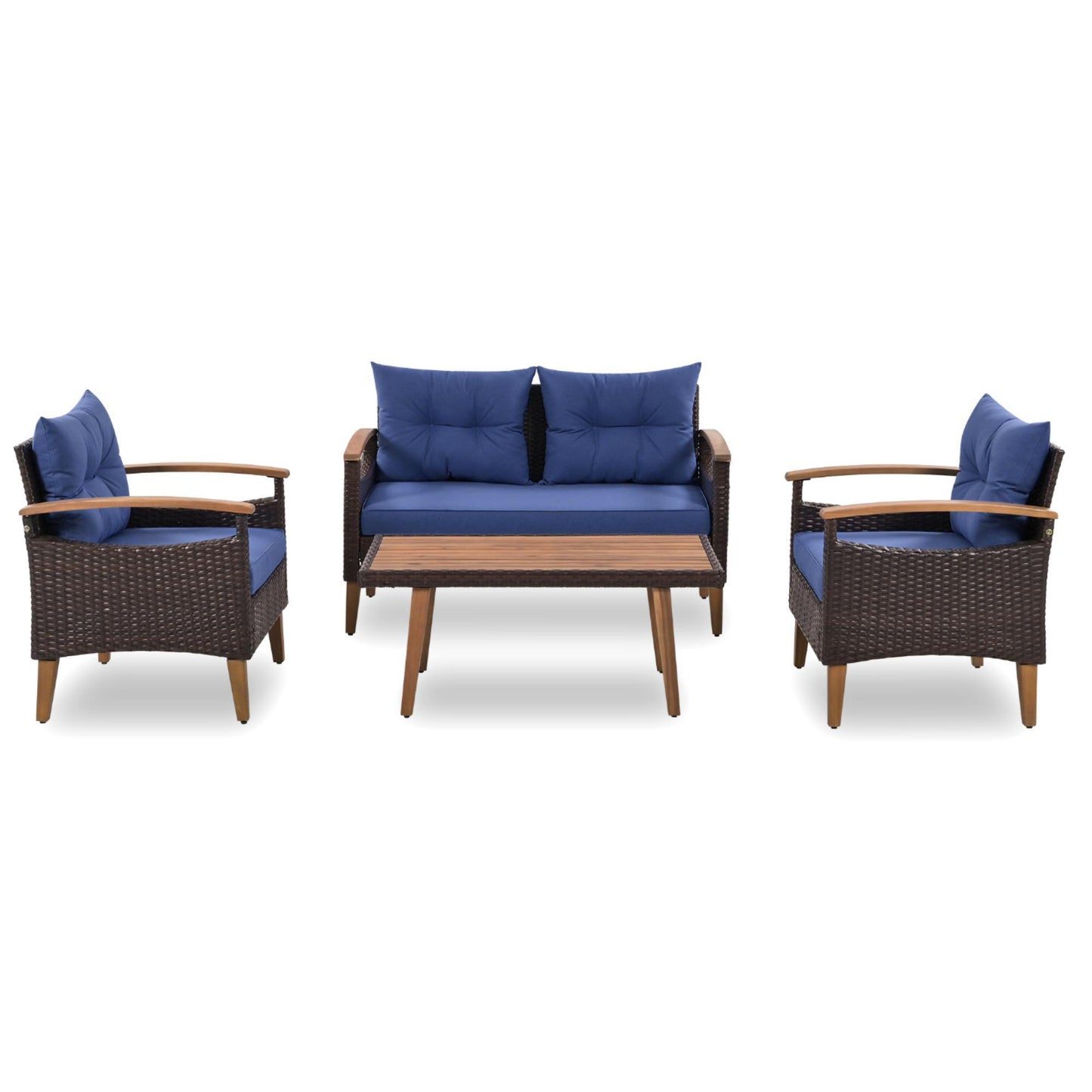 GO 4-Piece Garden Furniture,  Patio Seating Set, PE Rattan Outdoor Sofa Set, Wood Table and Legs, Brown and Blue House to Home Furnishings LLC