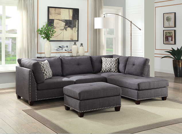 Laurissa Light Charcoal Linen Sectional Sofa & Ottoman (2 Pillows) ACME East