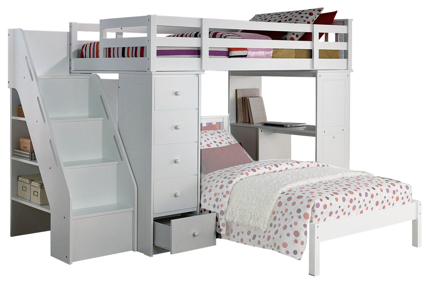 Acme Freya Loft Bed with Bookcase Ladder in White 37145 ACME East