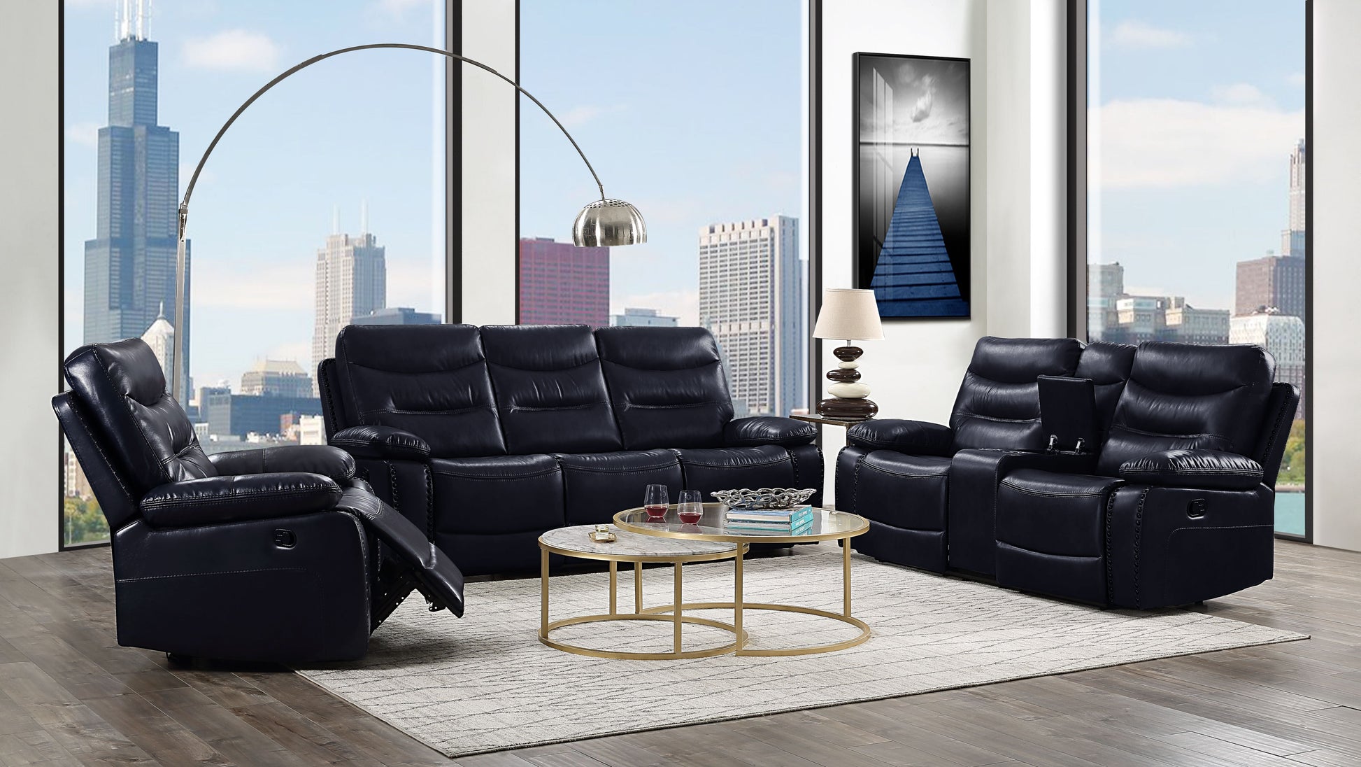 Aashi Navy Leather-Gel Match Sofa (Motion) ACME East