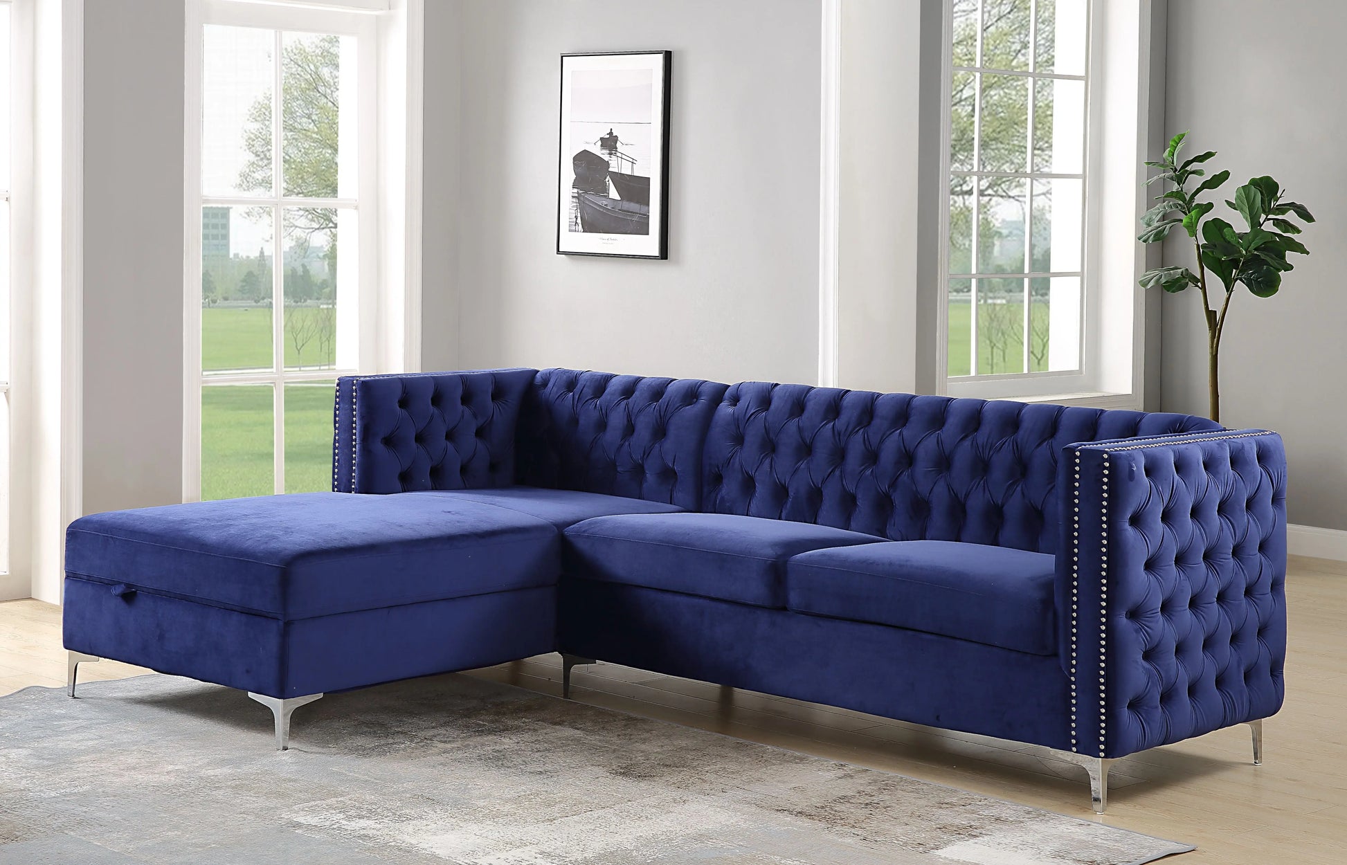 Sullivan Navy Blue Velvet Sectional Sofa ACME East