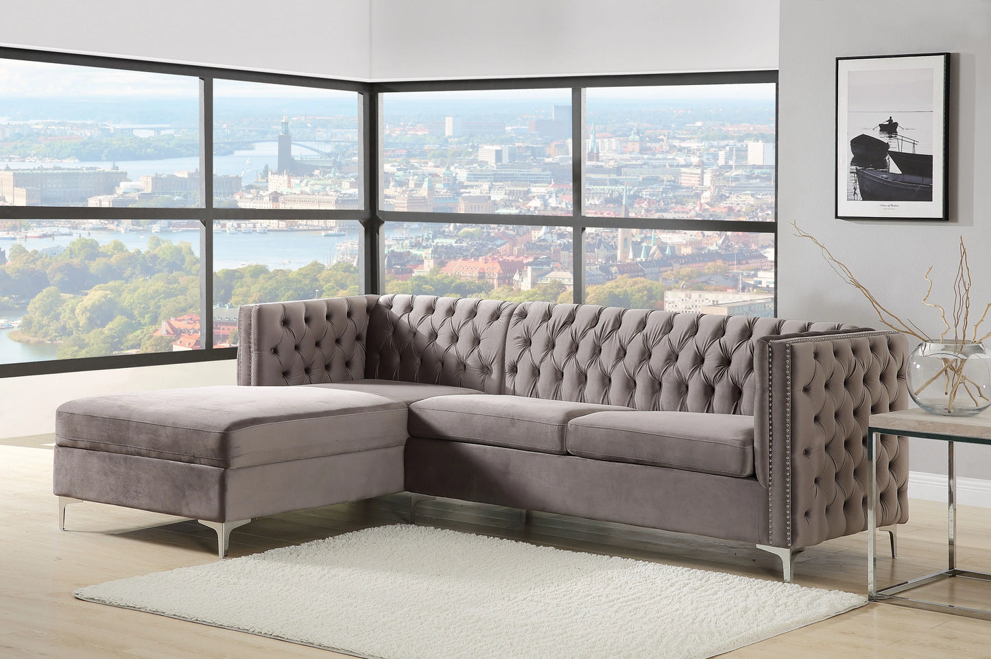 Sullivan Gray Velvet Sectional Sofa ACME East