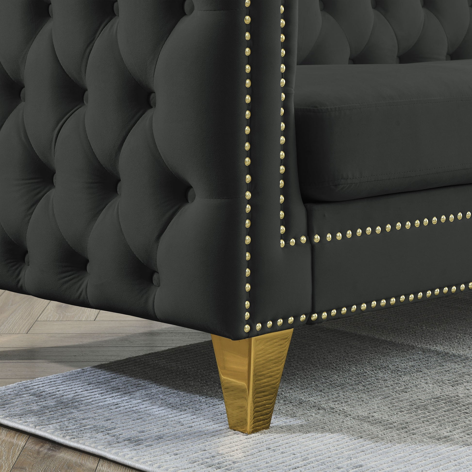 {Contact us for 3D modeling} Velvet Sofa for Living Room,Buttons Tufted Square Arm Couch, Modern Couch Upholstered Button and Metal Legs, Sofa Couch for Bedroom, Black Velvet(W834S00022) House to Home Furnishings LLC