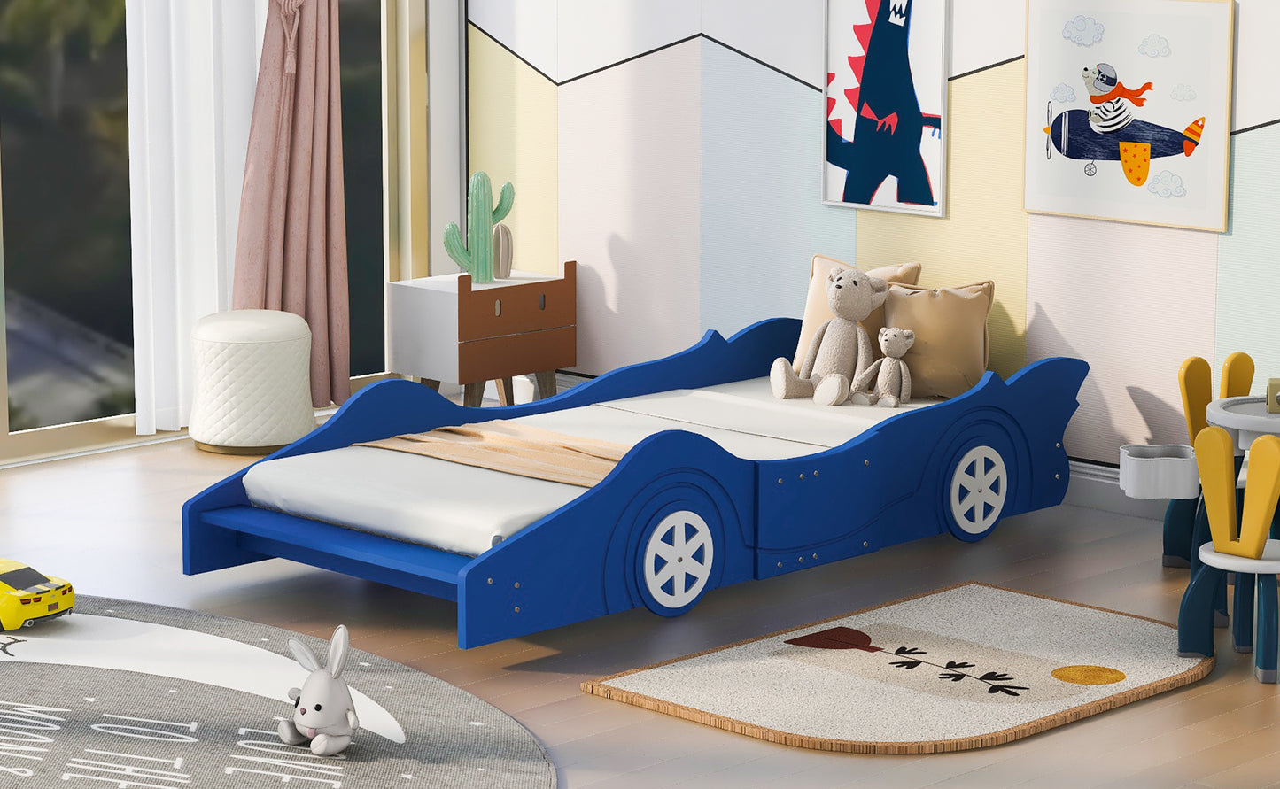 Twin Size Race Car-Shaped Platform Bed with Wheels,Blue (FREE SHIPPING) House to Home Furnishings LLC