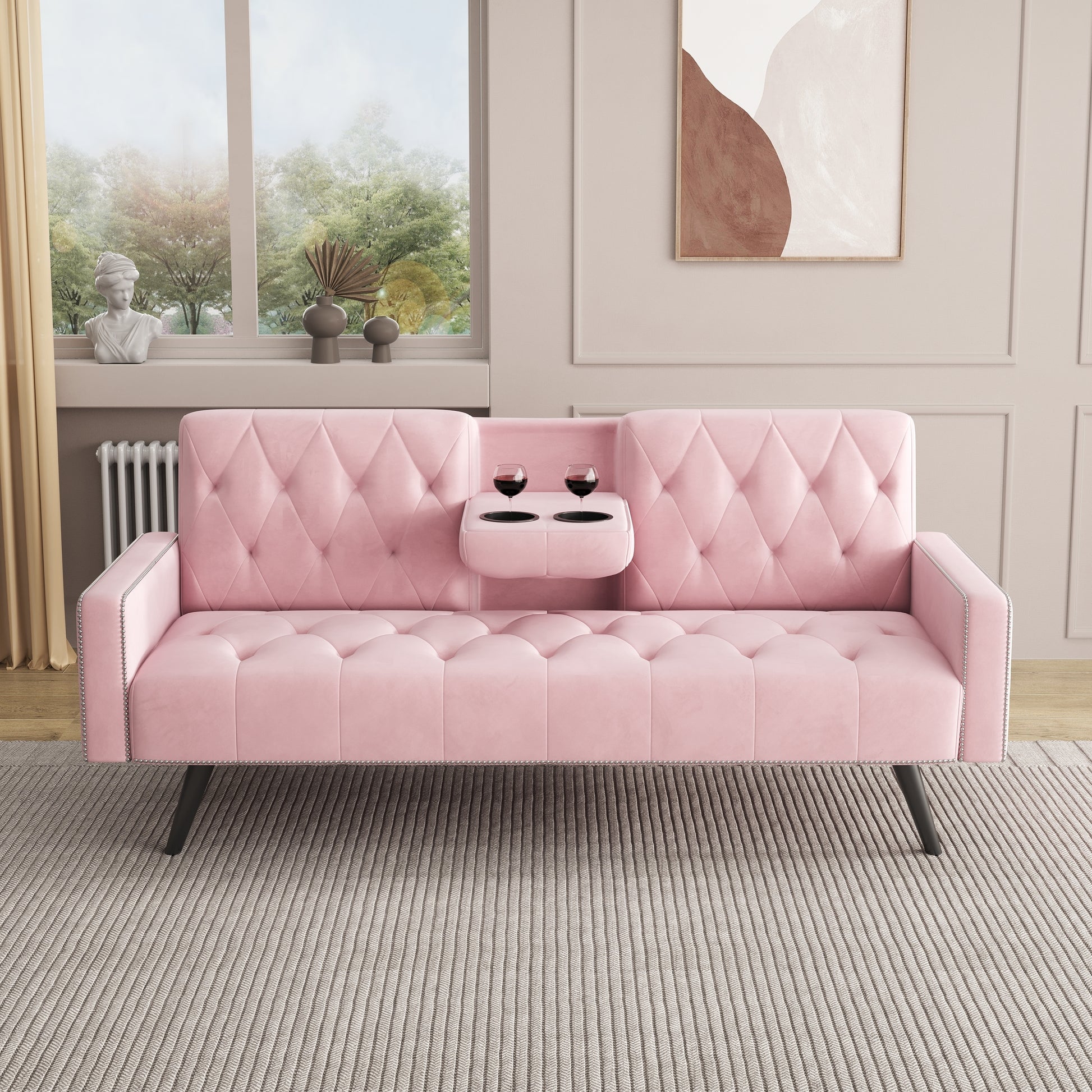 1730 Sofa Bed Armrest with Nail Head Trim with Two Cup Holders 72" Premium Pink Velvet  Sofa for Small Spaces House to Home Furnishings LLC