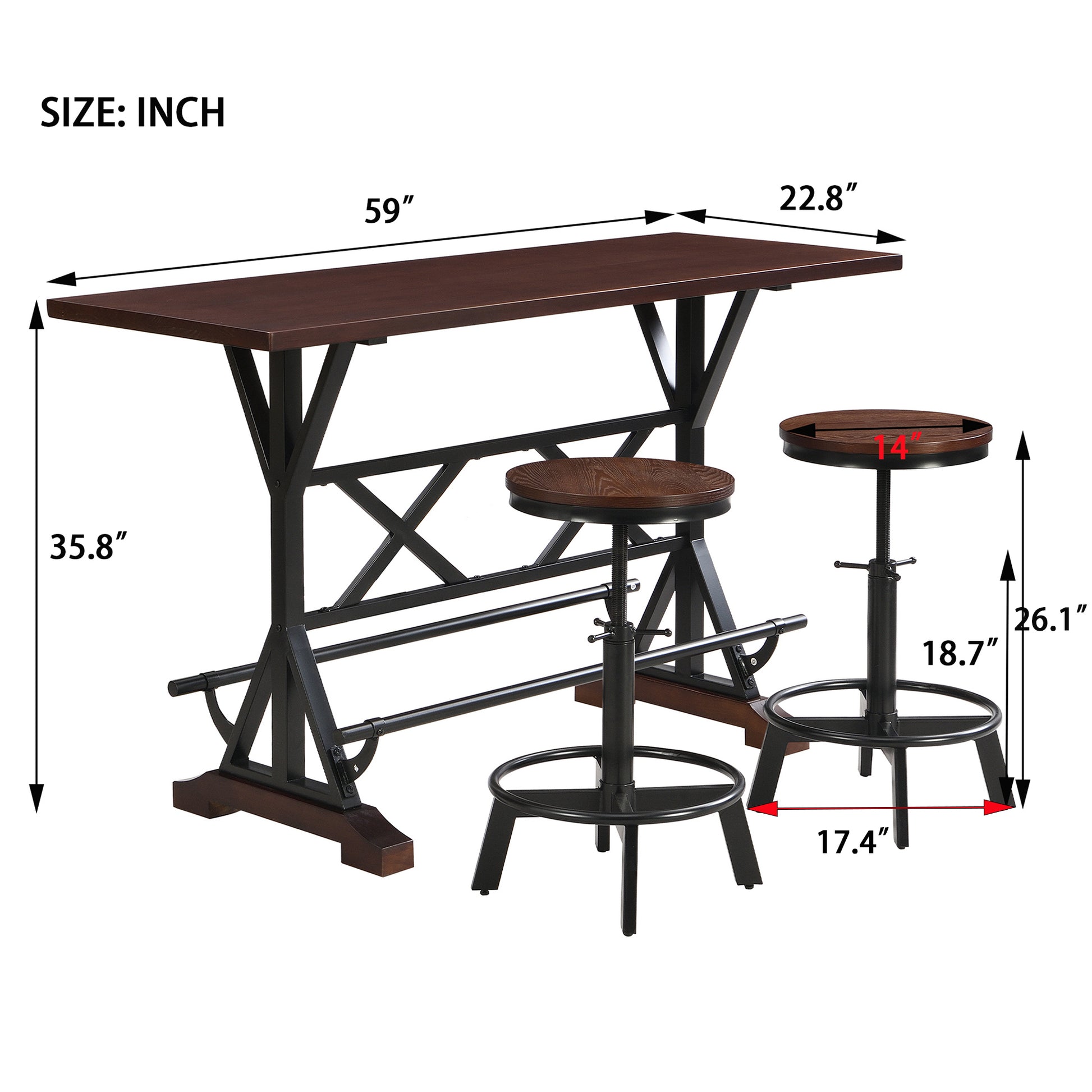 3-Piece Dining Table Set, 59" Wooden Sofa Side Table with Stabilizing Base, Rustic Brown Industrial Adjustable Height Stools, Modern Bar Table and Chairs for Living Room, Dining Room, and Space Saving House to Home Furnishings LLC