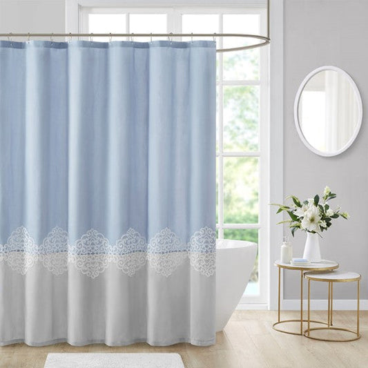 Pieced and Embroidered Shower Curtain Blue Olliix.com