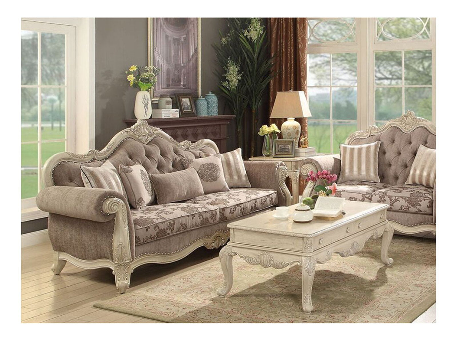 Acme Ragenardus Sofa with 5 Pillows in Gray Fabric & Antique White 56020 ACME East