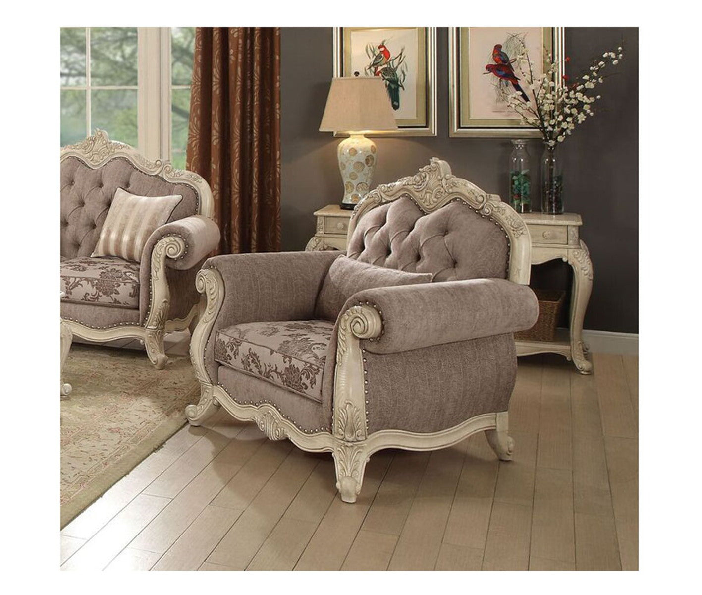 Acme Ragenardus Chair with 1 Pillow in Gray Fabric & Antique White 56022 ACME East