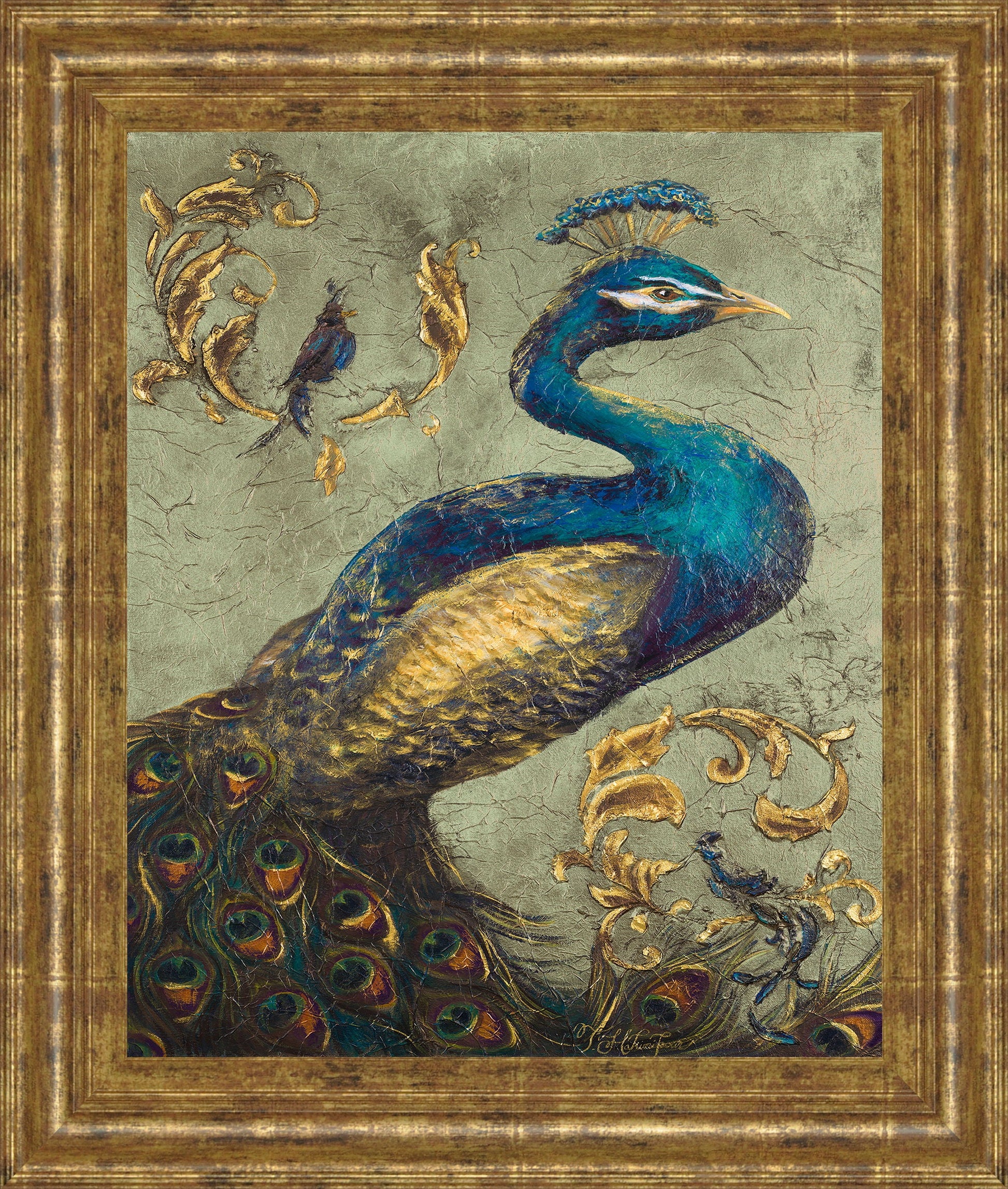 Peacock On Sage I By Tiffany Hakimipour - Framed Print Wall Art - Blue Classy Art