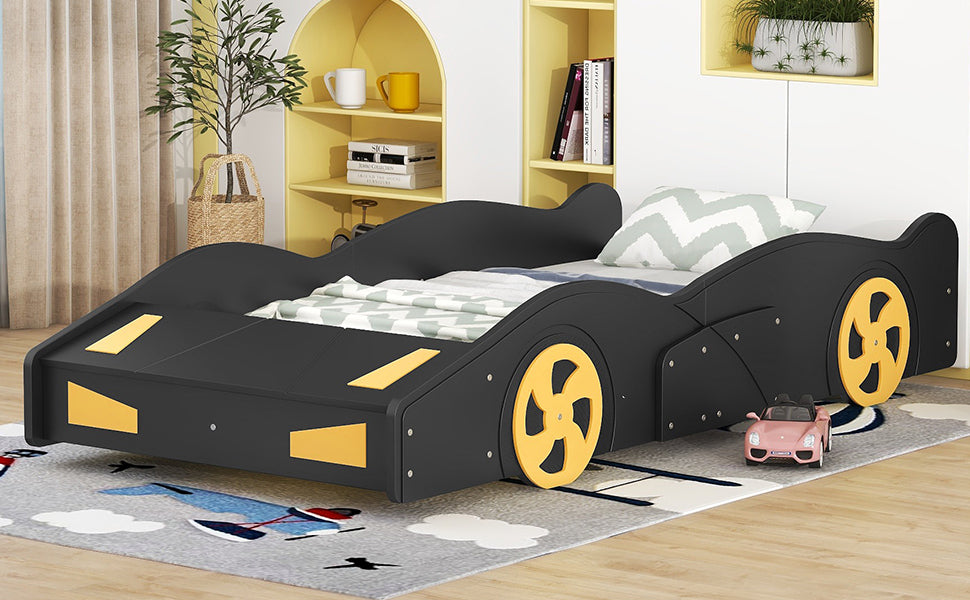 Twin Size Race Car-Shaped Platform Bed with Wheels and Storage, Black+Yellow House to Home Furnishings LLC