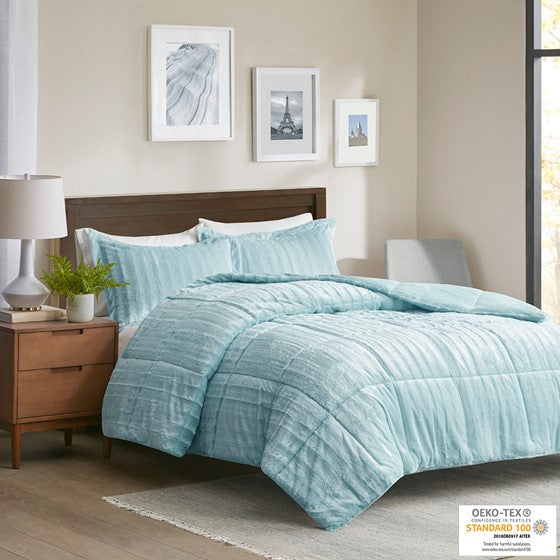 Faux Fur Comforter Mini Set Aqua Cal King Olliix.com