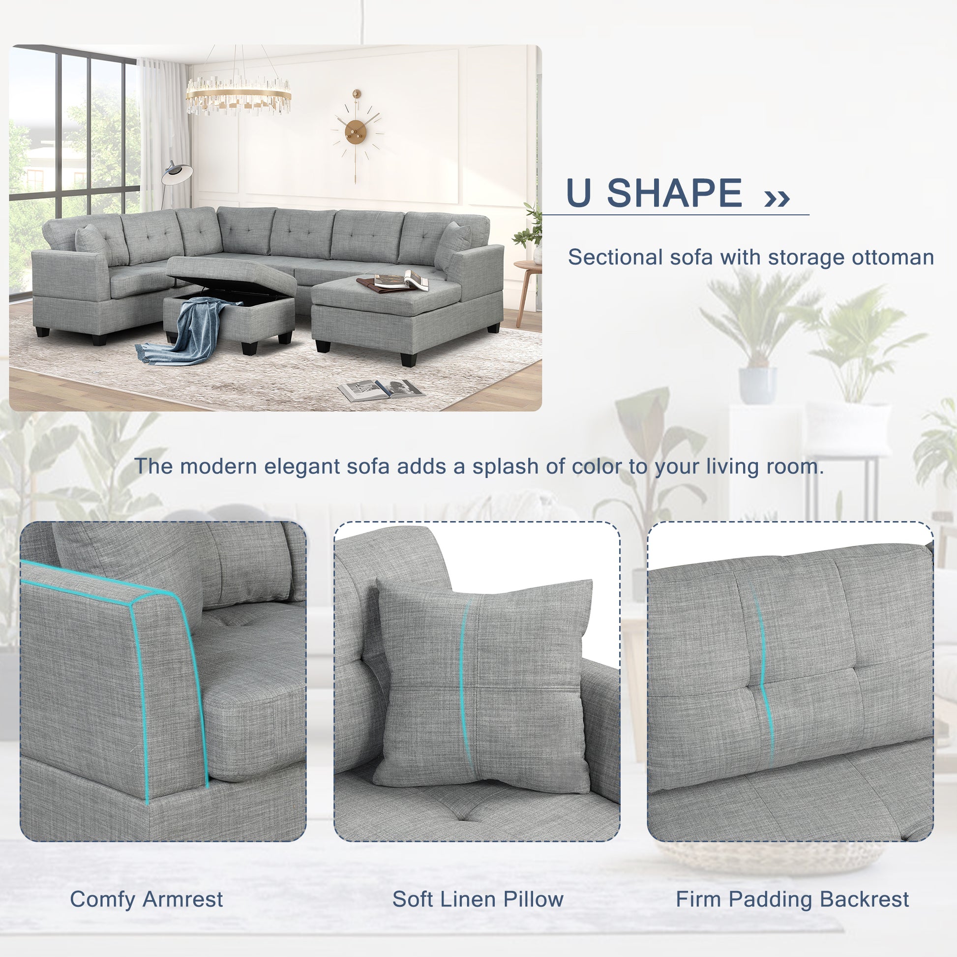 121.3" Oversized Sectional Sofa with Storage Ottoman, U Shaped Sectional Couch with 2 Throw Pillows for Large Space Dorm Apartment House to Home Furnishings LLC