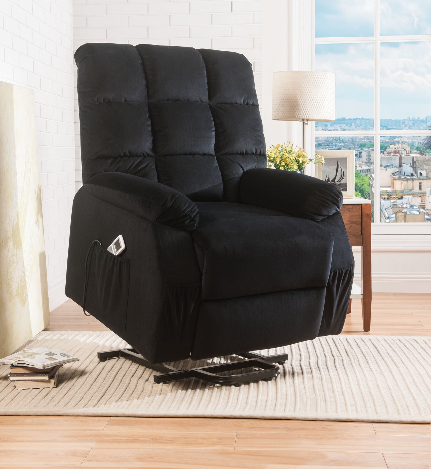 Ipompea Black Velvet Recliner w/Power Lift & Massage ACME East