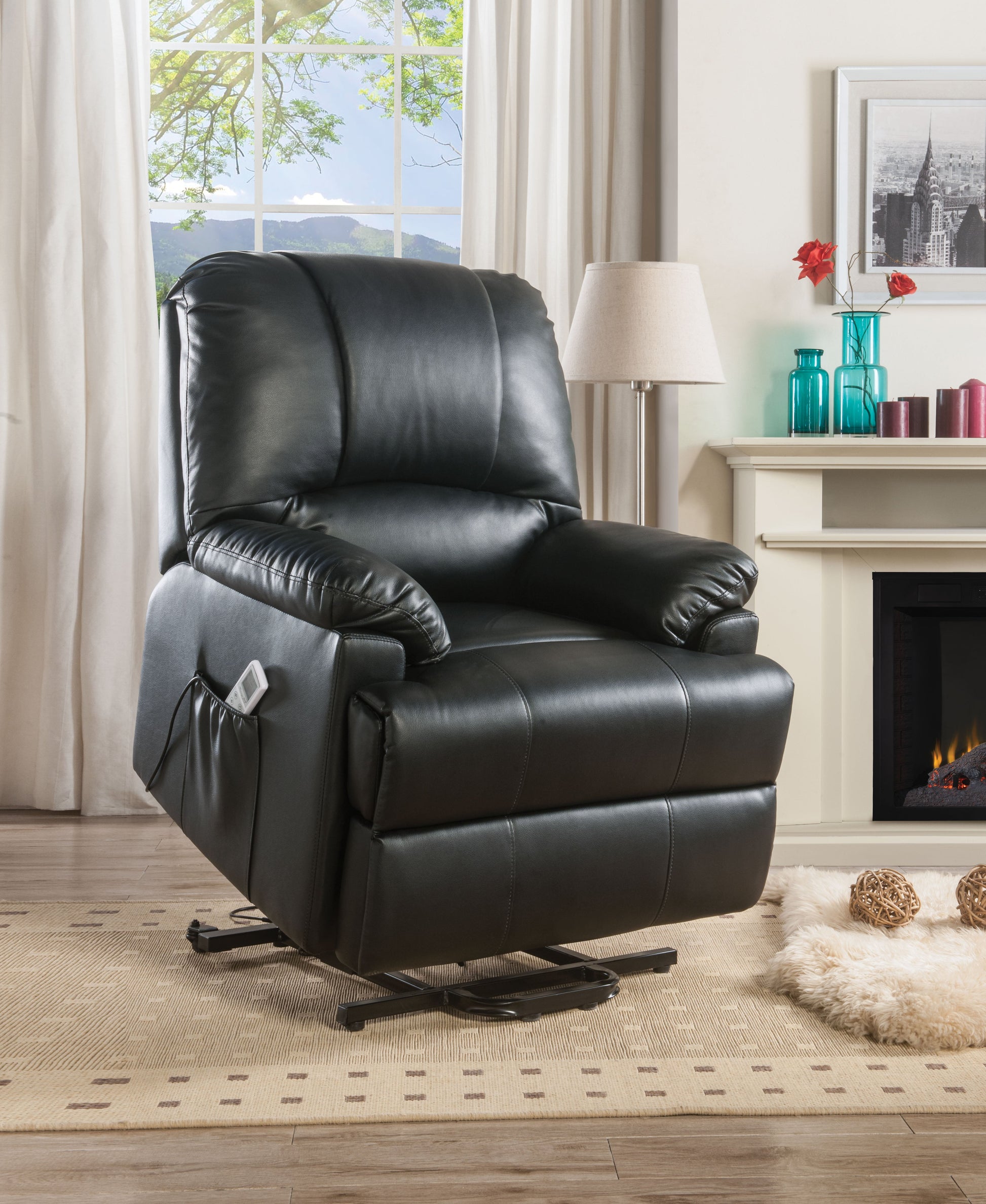 Ixora Black PU Recliner w/Power Lift & Massage ACME East