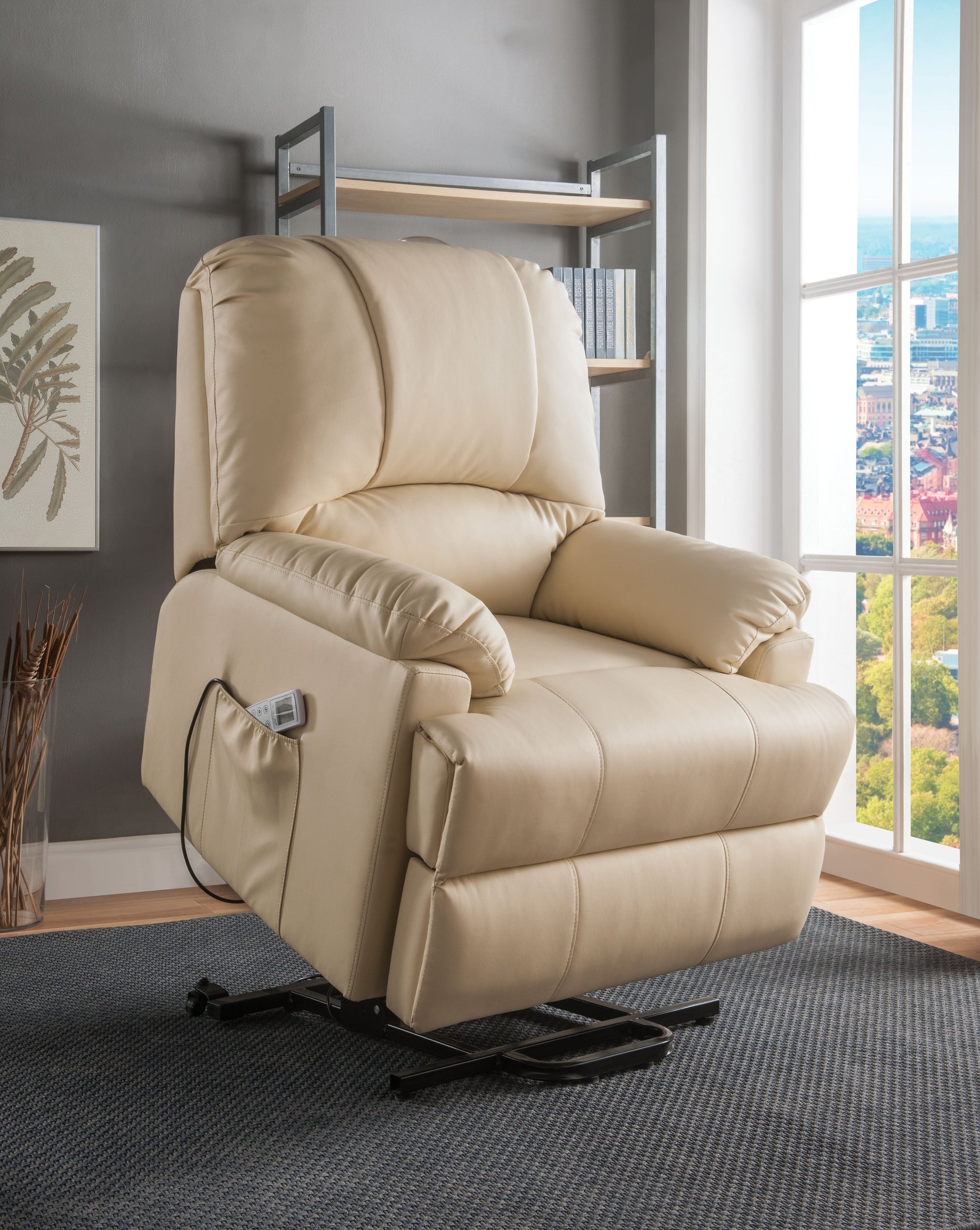 Ixora Beige PU Recliner w/Power Lift & Massage ACME East