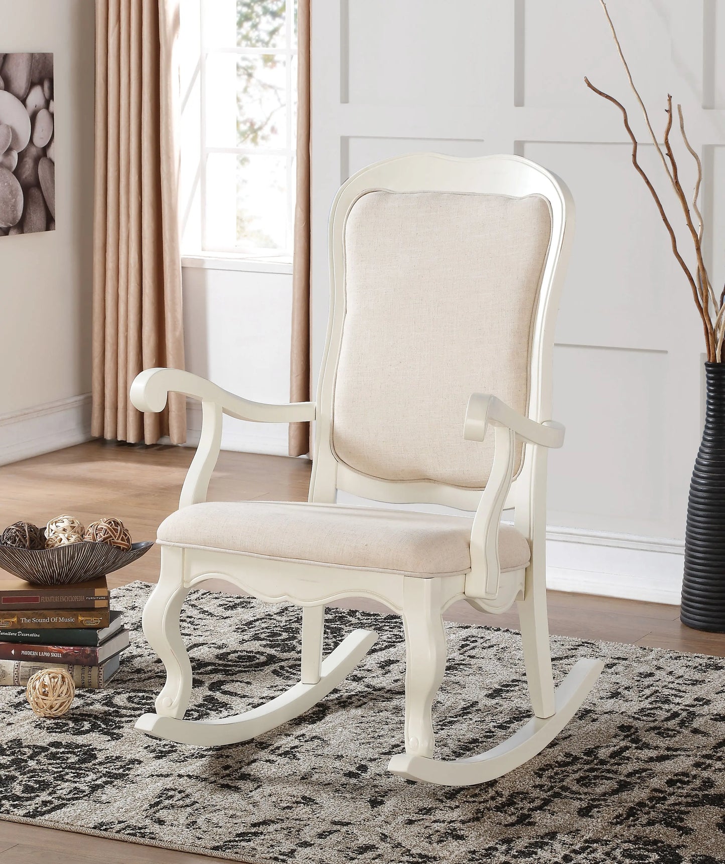 Sharan Fabric & Antique White Rocking Chair ACME East