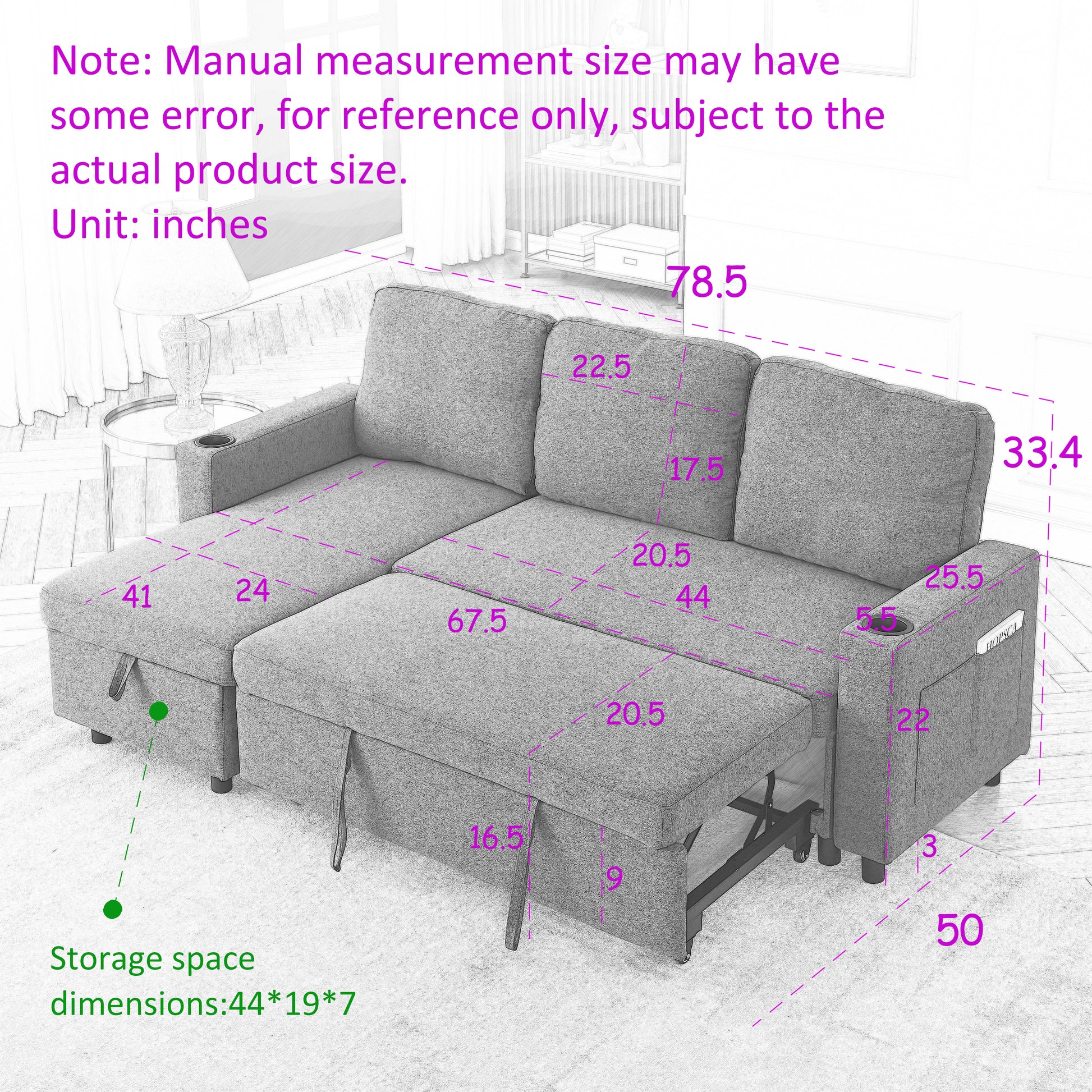 FX78.7"Comfortable Linen L-Shaped Combo Sofa Sofa Bed, Living Room Furniture Sets for Tight Spaces, Reversible Sleeper Combo Sofa with Pullout Bed,Reversible Sofa Bed for Living Room, Office, Apartmen House to Home Furnishings LLC