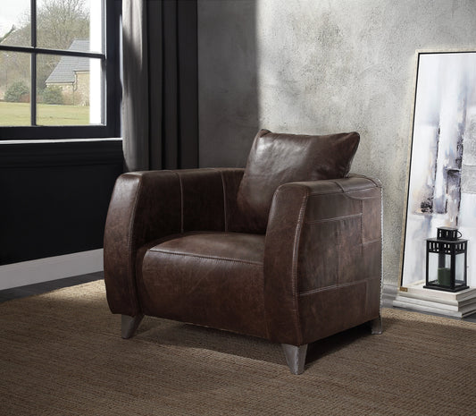 Kalona Distress Chocolate Top Grain Leather & Aluminum Accent Chair ACME East