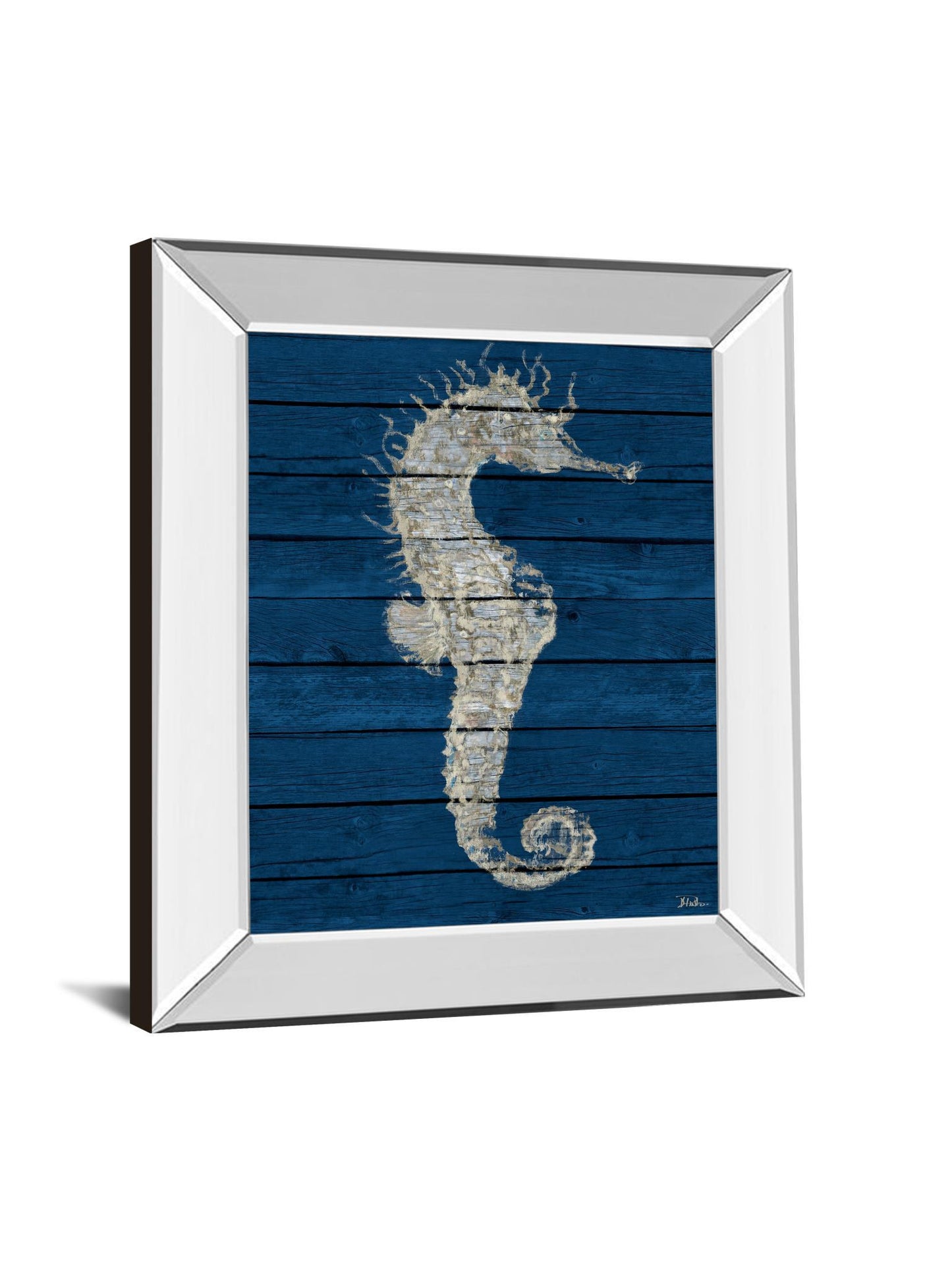 Antique Seahorse On Blue I By Patricia Pinto - Mirror Framed Print Wall Art - Blue Classy Art